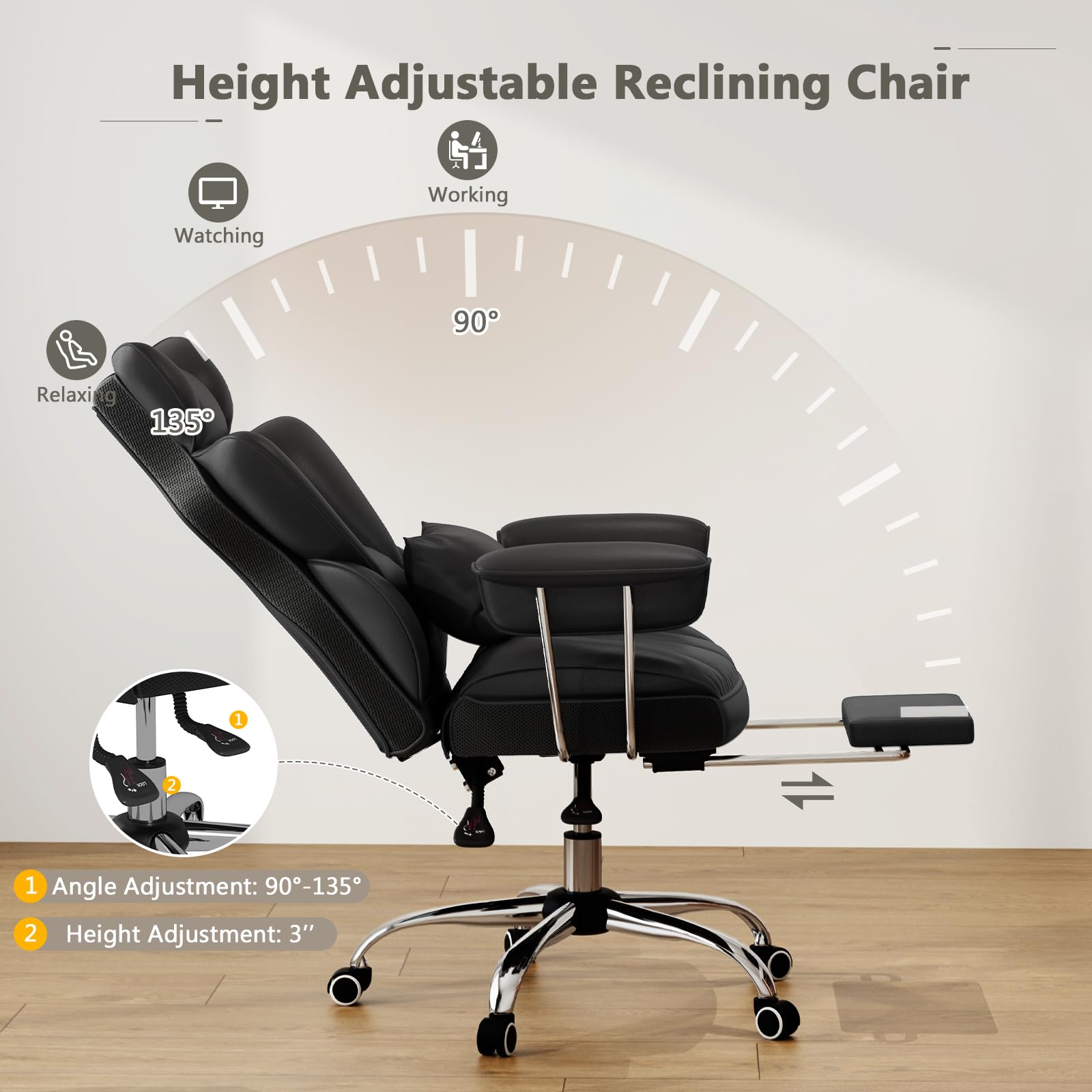 400 LBS Big and Tall Office Chair, PU Leather Executive Desk Chair w/Retractable Footrest