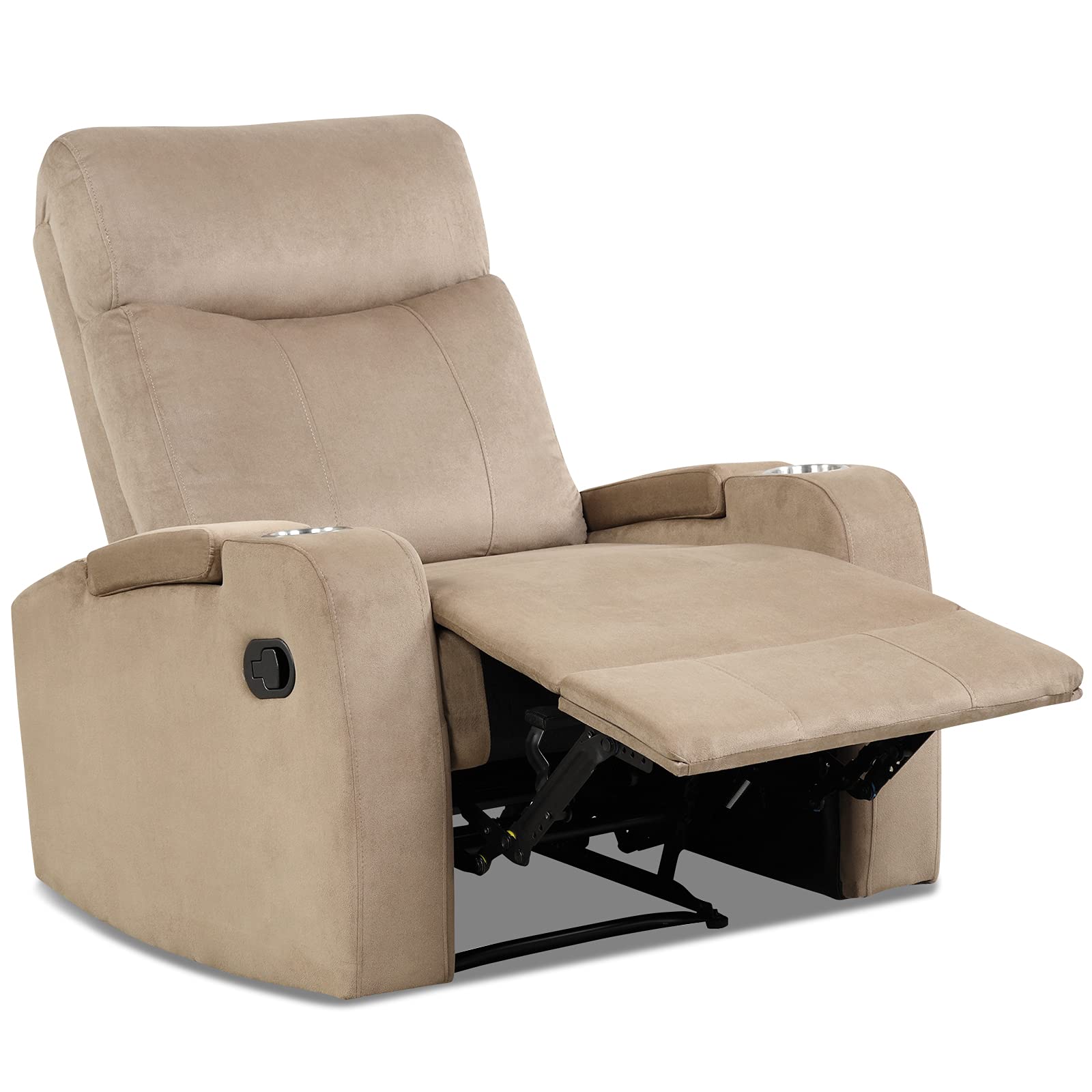 Manual Fabric Recliner Chair, Backrest Adjustable Reading Reclining Chair with 2 Cup Holders and Armrest Hidden Storage