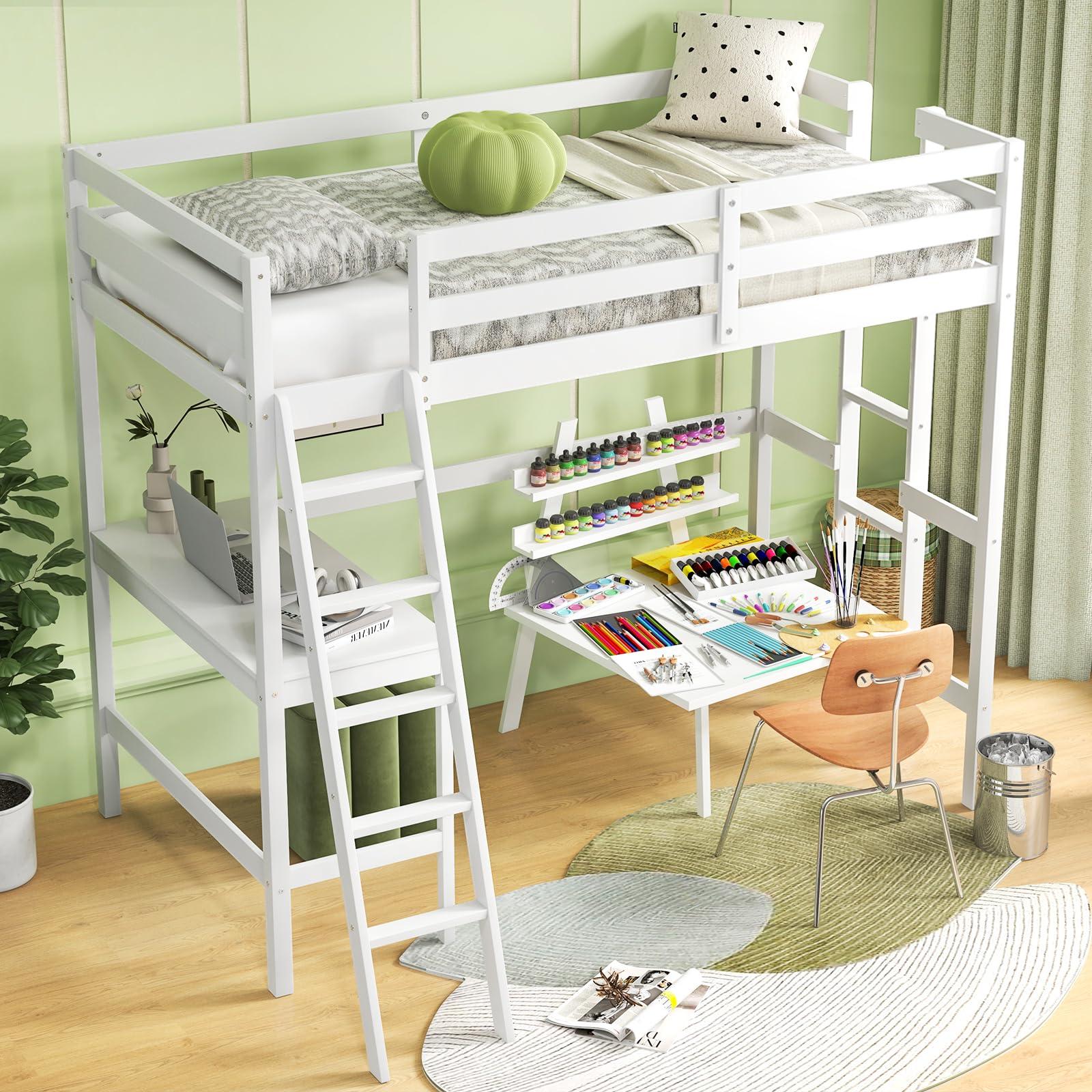 Twin Size Wood Loft Bed with Desk, 2 Ladders, Full Length Guardrail for Kids Teens Adults