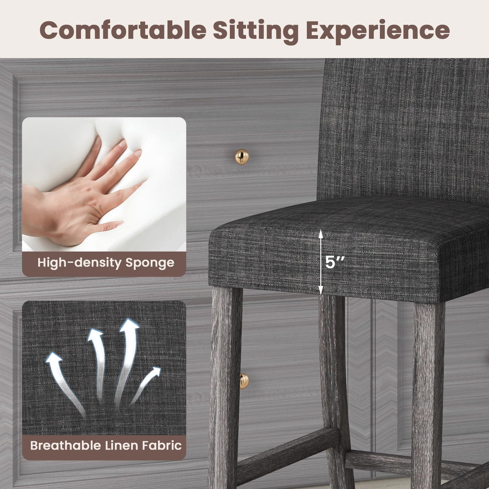 Upholstered Counter Height Bar Stools Set of 2/4 with Ergonomic Backrest, Solid Wood Frame