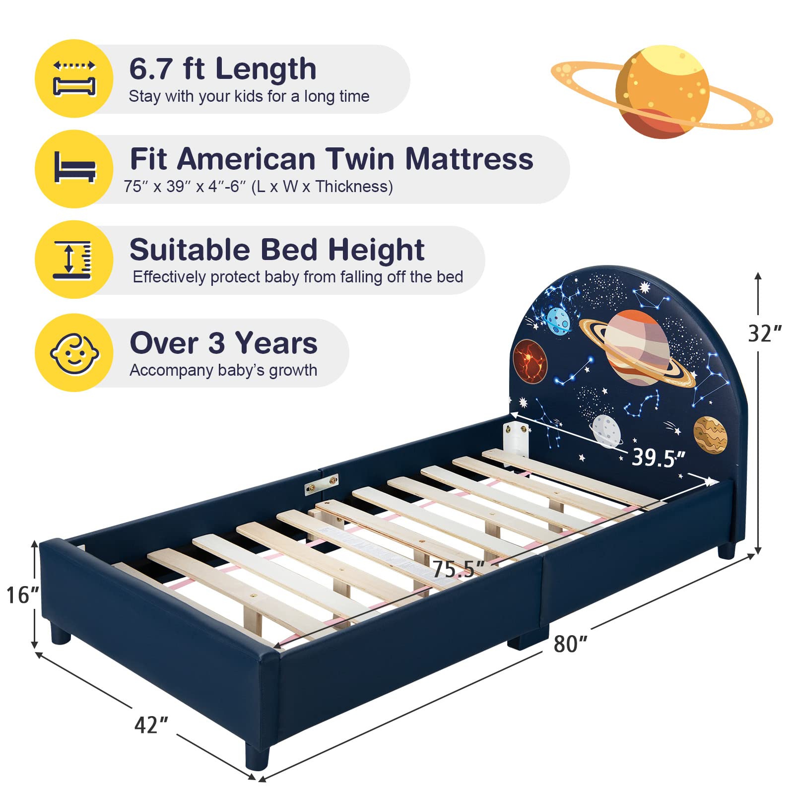 Kids Bed, Toddler Upholstered Platform Floor Bed w/Headboard & Wooden Slat Base