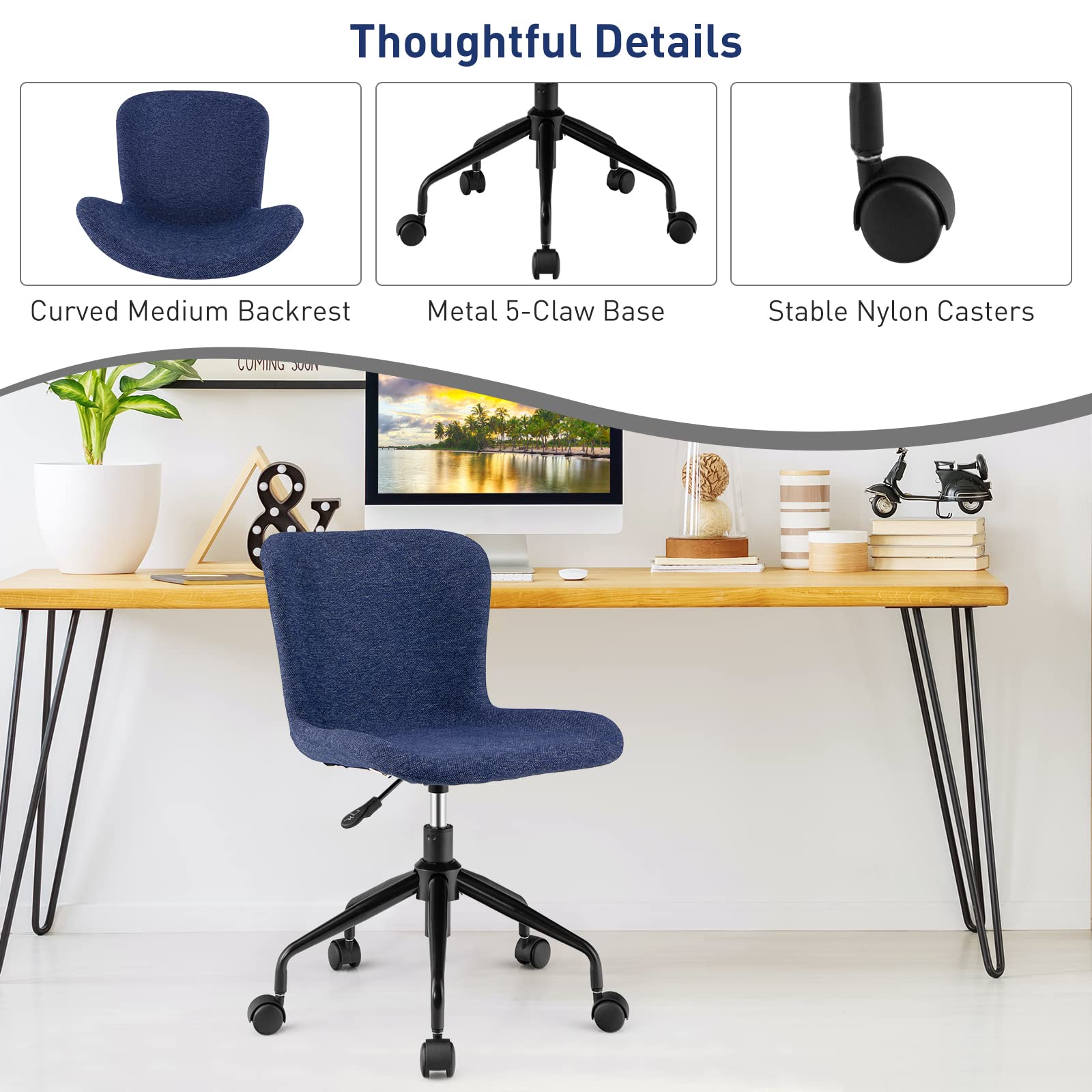 Home Office Chair with Wheels, Mid-Back Swivel Computer Chair