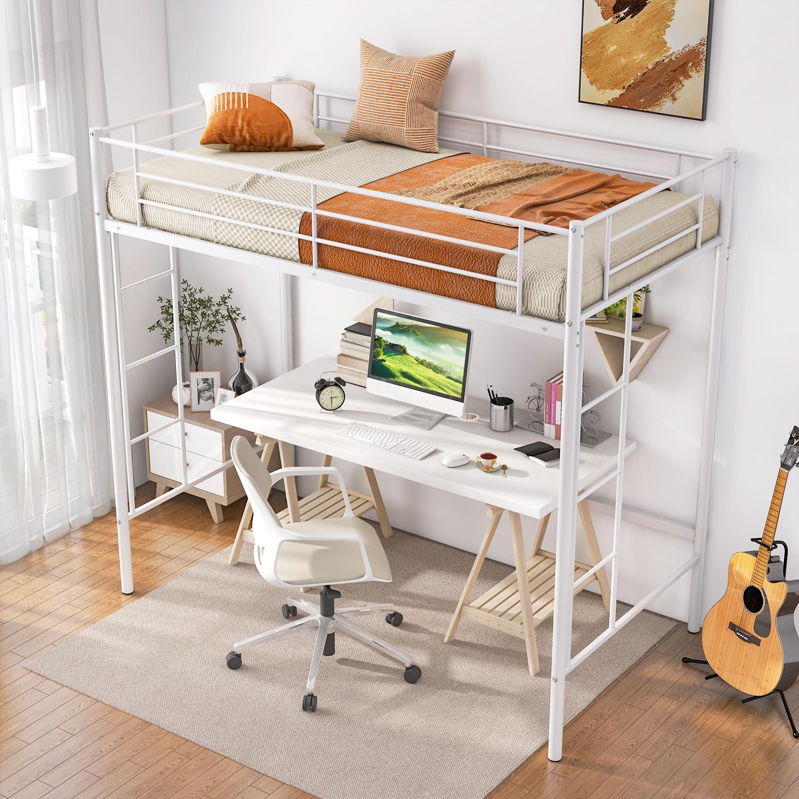 Twin Size Metal Loft Bed with Both Side Ladders & Safety Guardrails