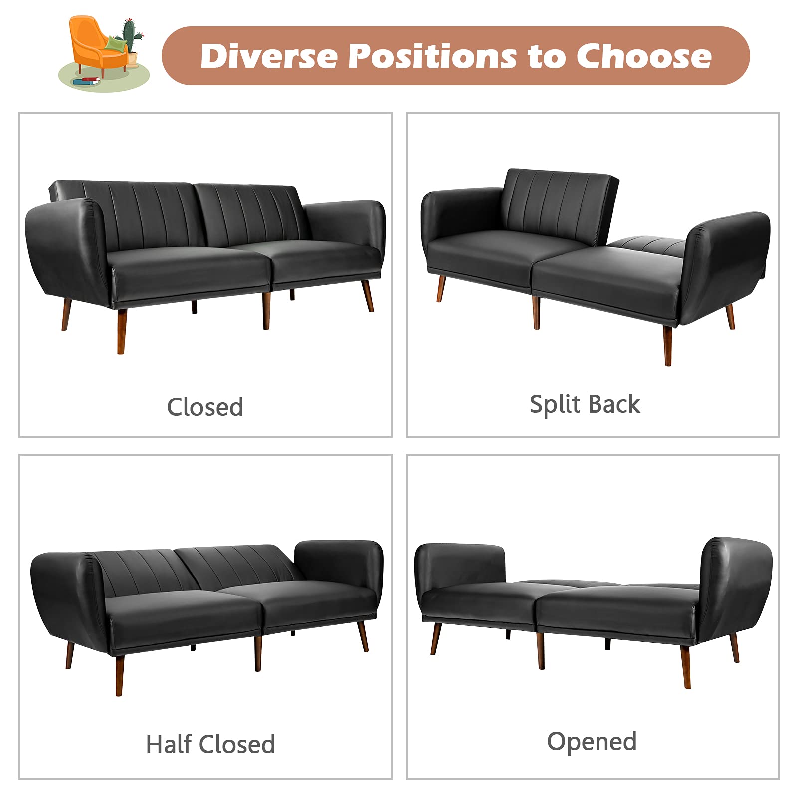 3 Seat Convertible Futon Sofa with High-Density Sponge & Adjustable Backrest