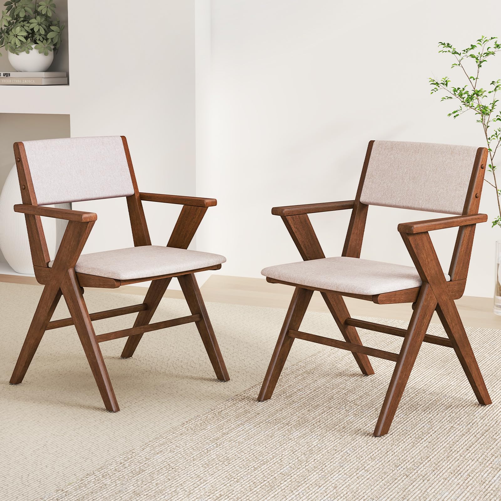 Wooden Dining Chairs Set of 2/4 w/Armrests, Rubber Wood Frame, Padded Seat & Back