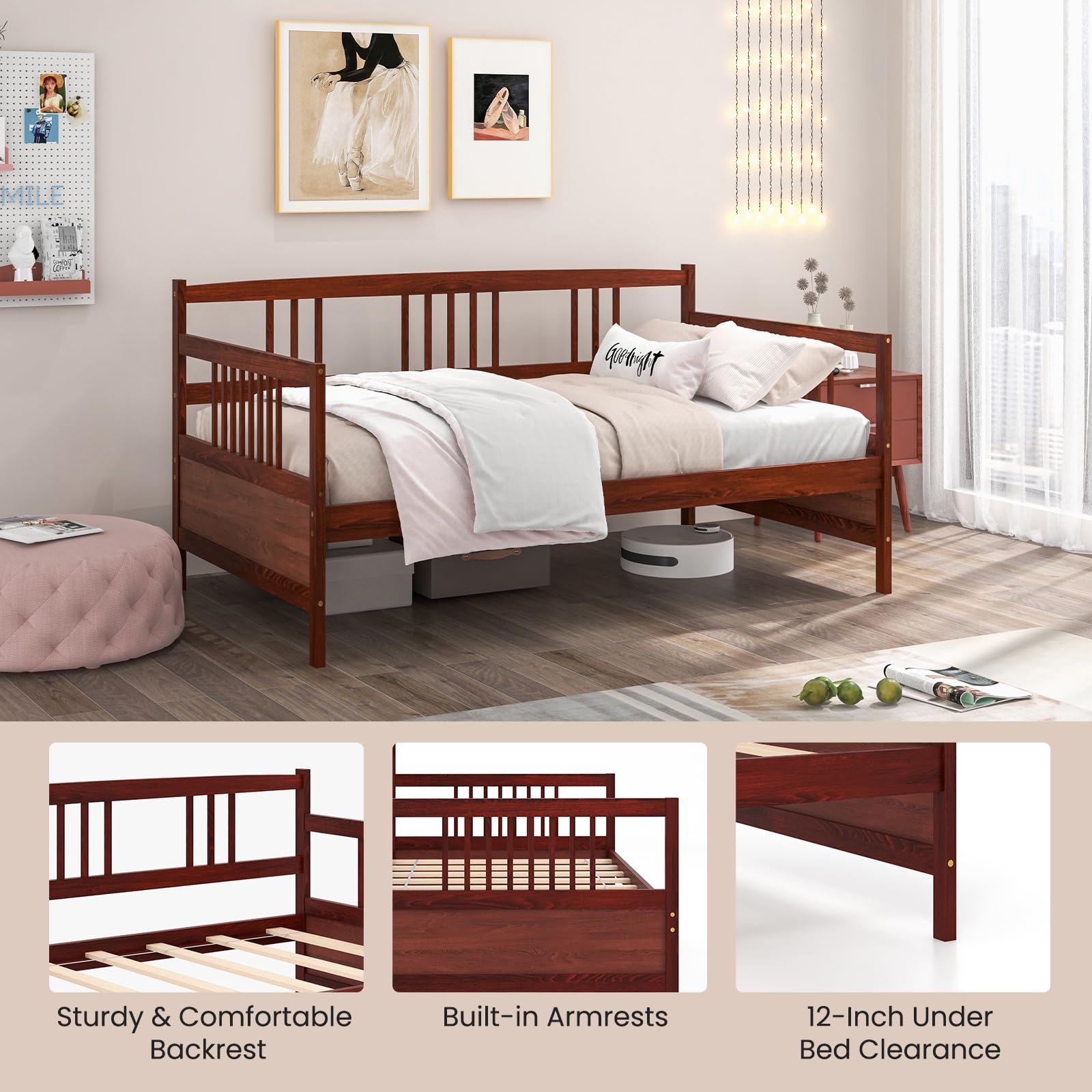 Twin Daybed Frame, Wooden Sofa Bed Guest Bed with Rails & Wood Slat Support