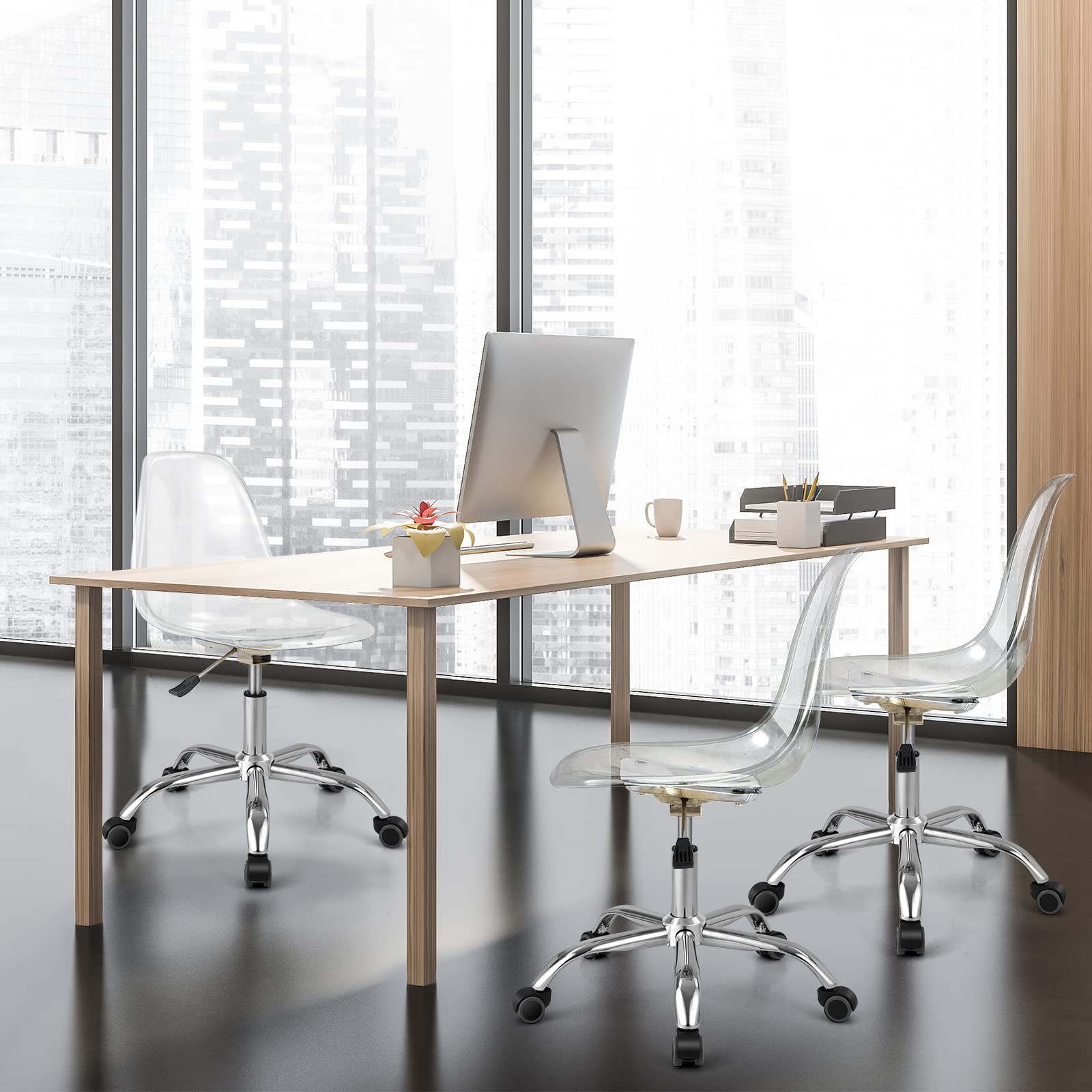 Acrylic Clear Desk Chair, Armless Swivel Vanity Ghost Plastic Chair with Sturdy Metal Base & Smooth Wheels
