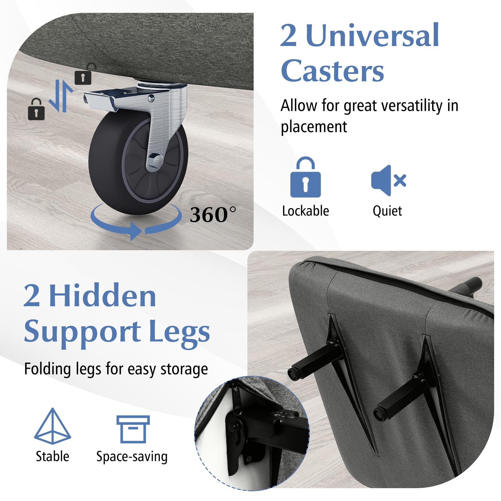 Convertible Chair Bed with 5-Position Adjustable Backrest & Lumbar Pillow, 2 Hidden Metal Legs & 2 Lockable Casters