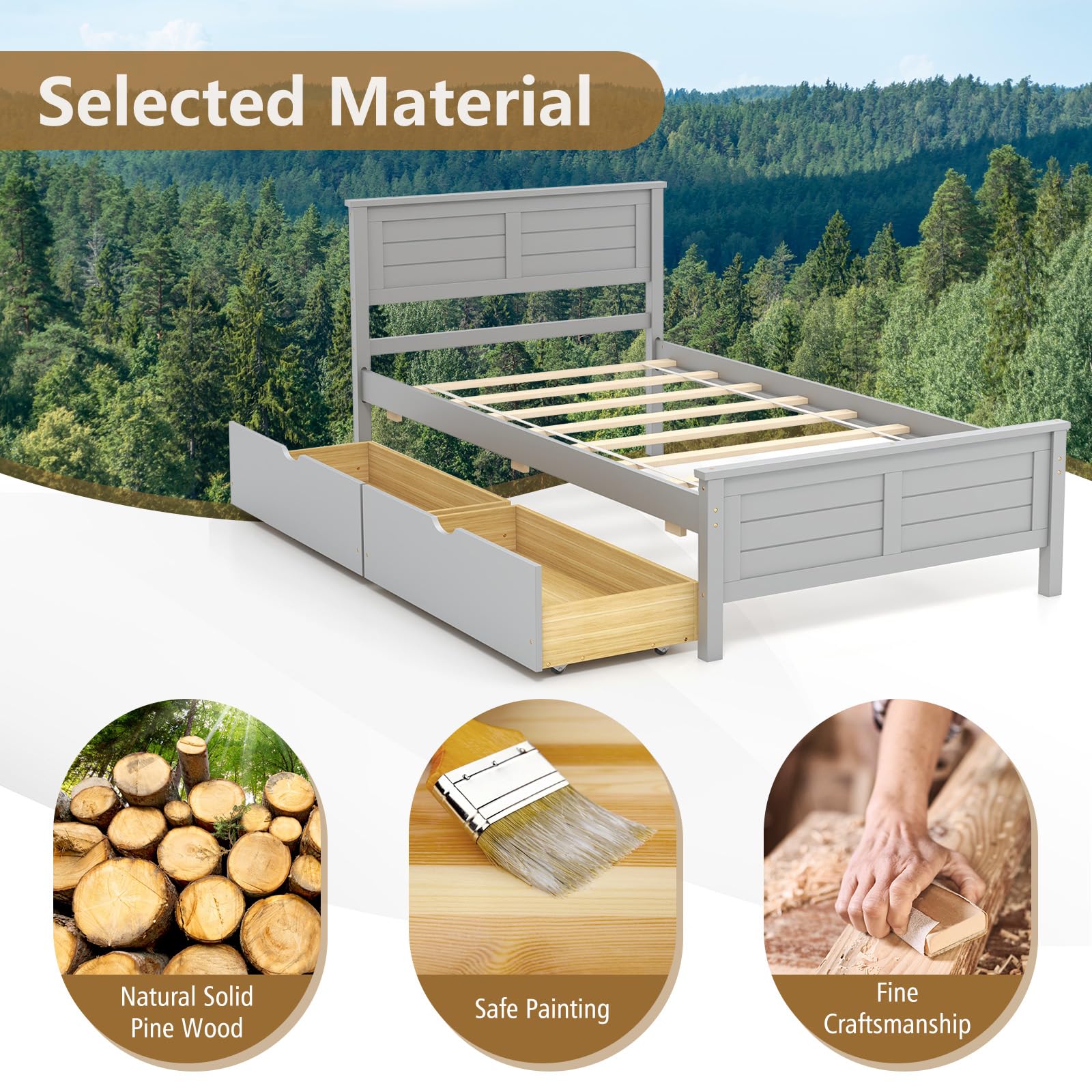 Wood Bed Frame with 2 Storage Drawers