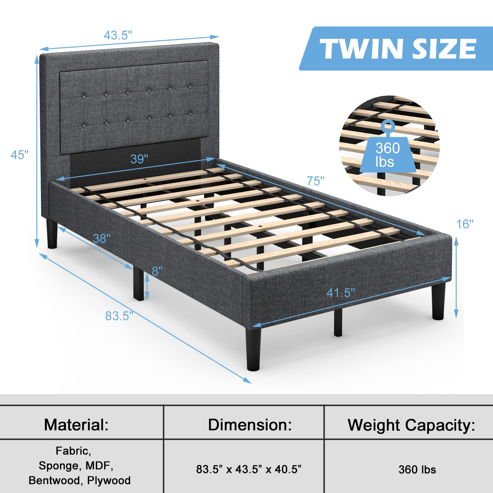 Twin Size Linen Upholstered Platform Bed Frame with Button Tufted Headboard and Wooden Slats
