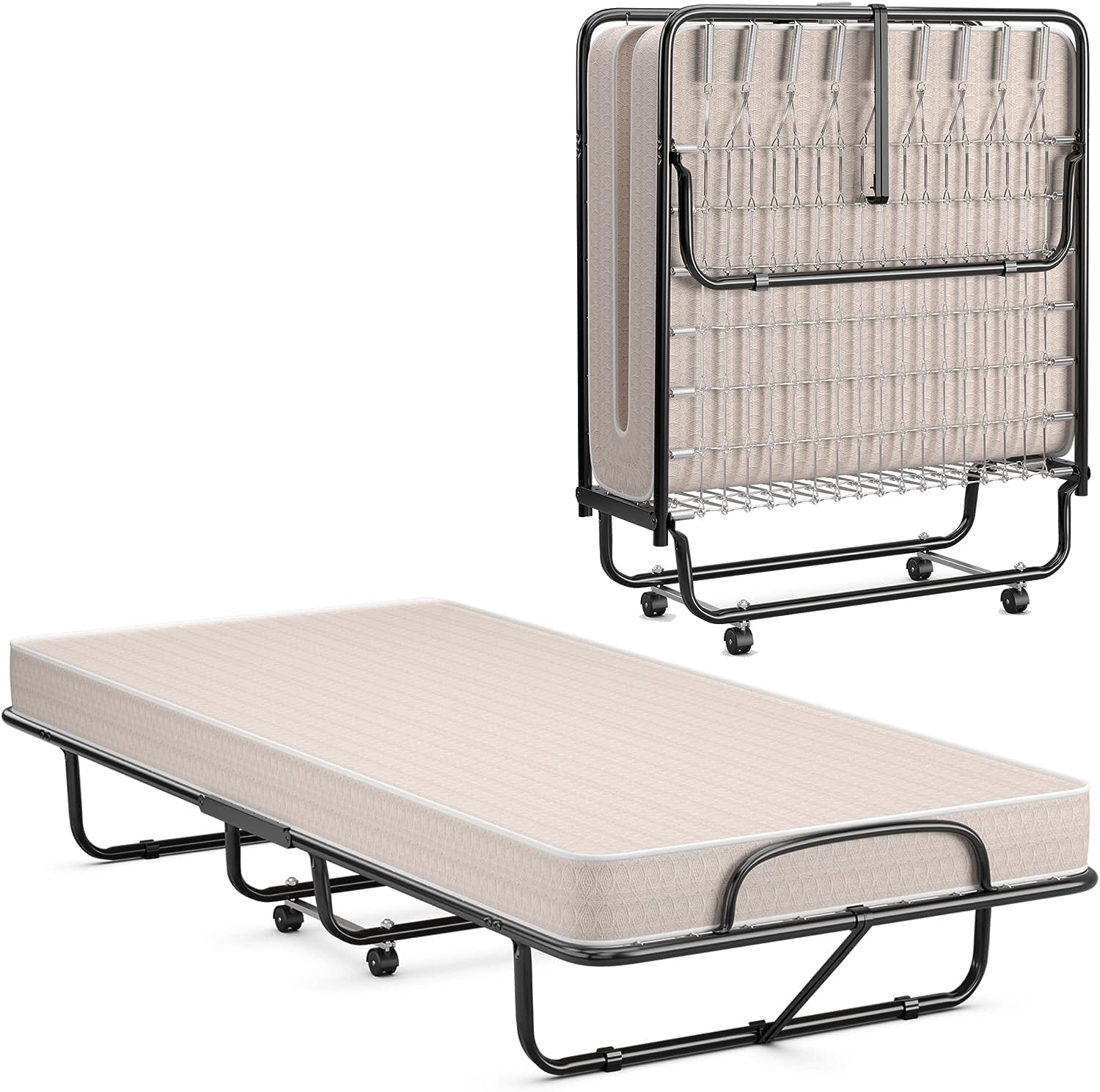 Folding Guest Bed with Mattress,  Twin Size Portable Rollaway Bed 5-Inch Memory Foam Mattress