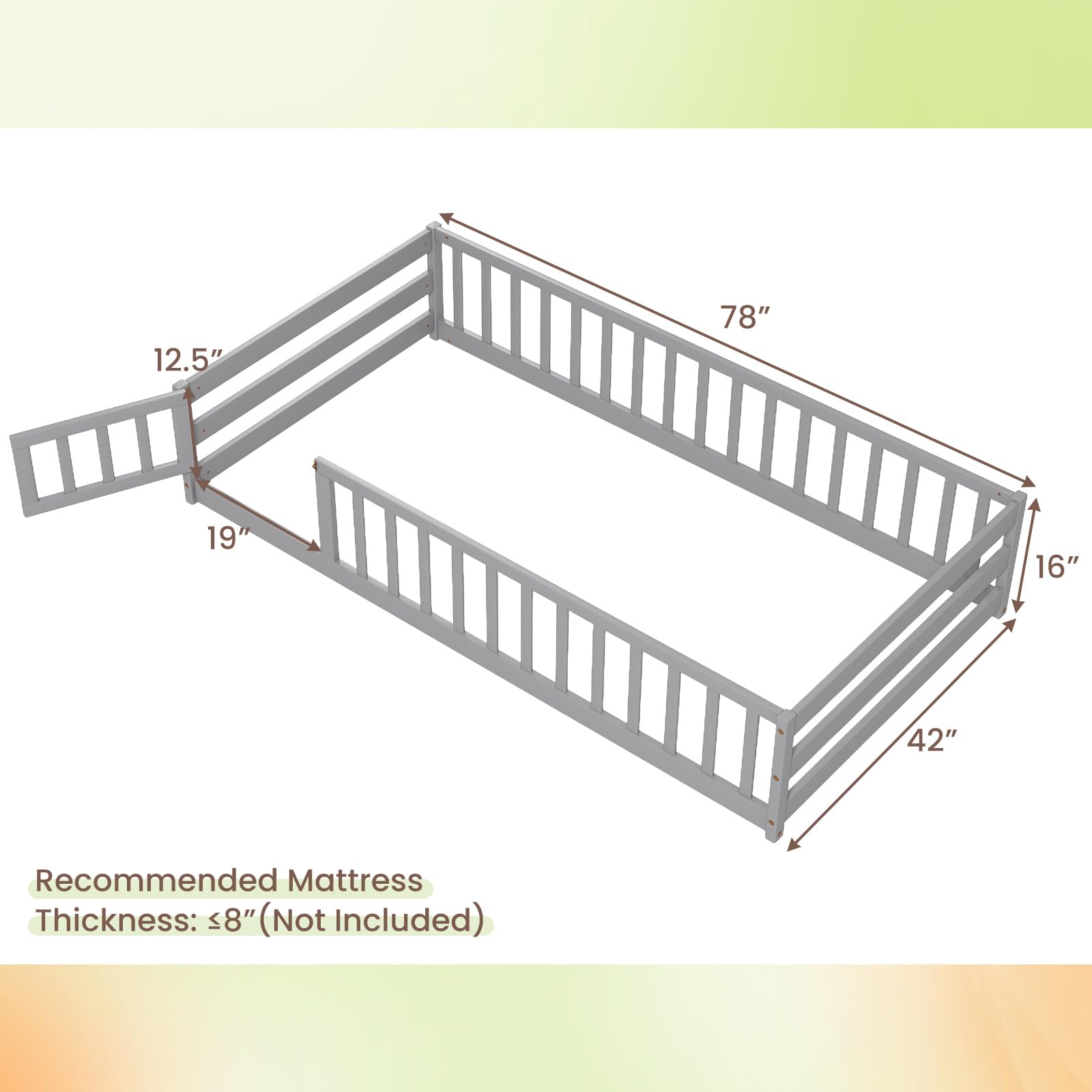 Twin Floor Bed with Door & Fence, Kids Wood Montessori Bed with Safety Guardrails