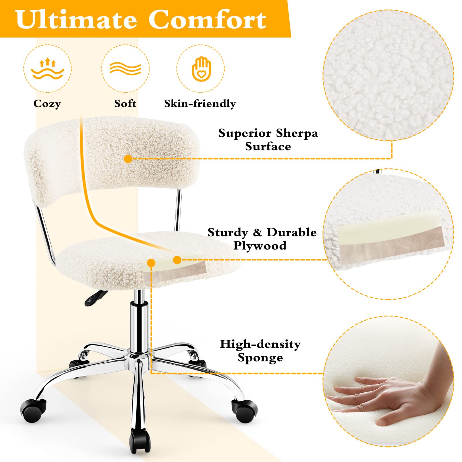 360&deg; Faux Fur Swivel Leisure Chair, Rolling Home Office Chair w/ Wheels & Adjustable Height,