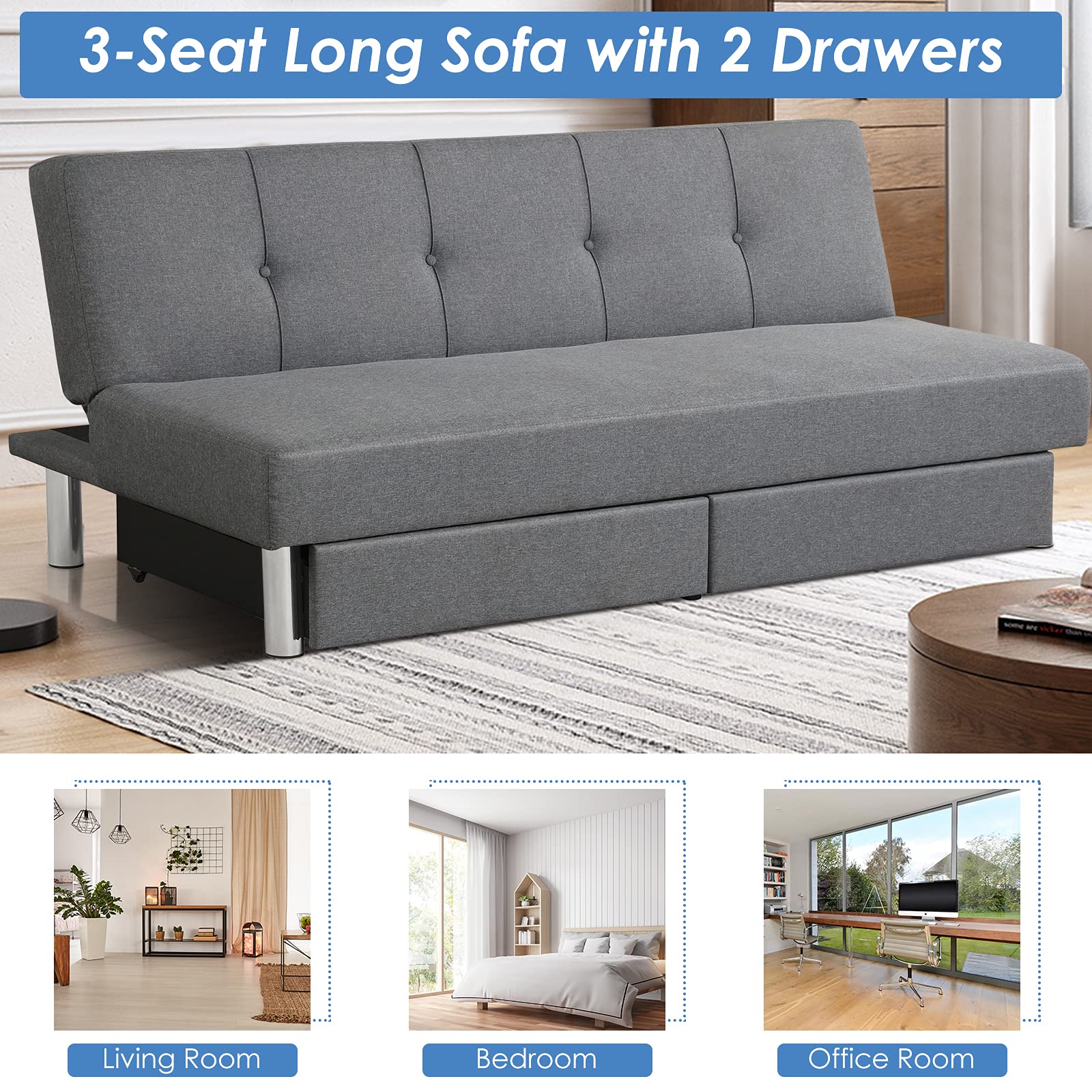 3-Seat & 3 Adjustable Angles Convertible Sofa Bed w/ 2 Large Drawers