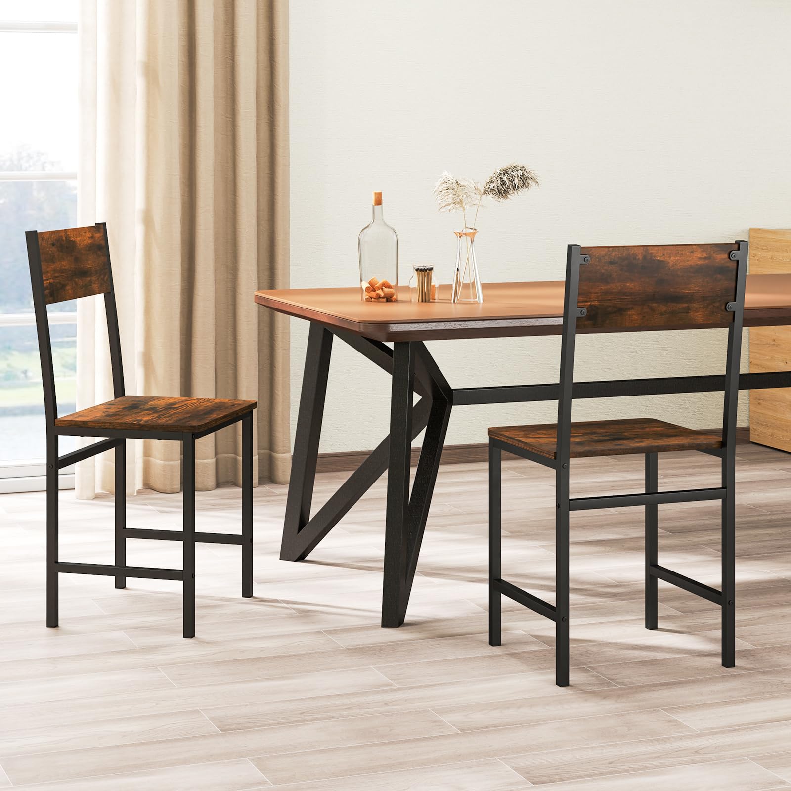 Dining Chairs Set of 2/4 with Metal Legs, Slanted Back, Rustic Wood Grain