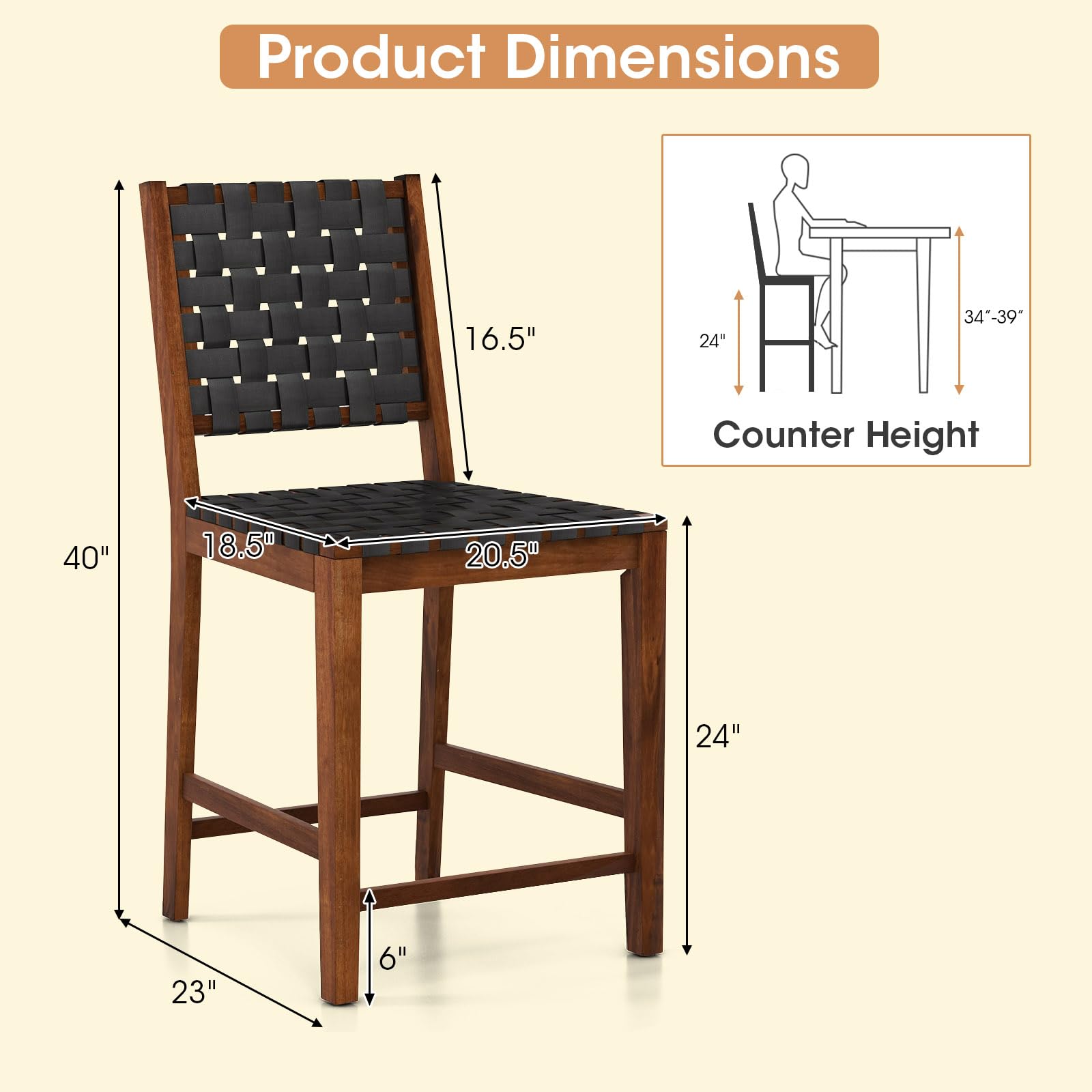 24" Counter Height Bar Stools Set of 2/4, Solid Wood Woven Rustic Barstools w/Faux PU Leather Straps