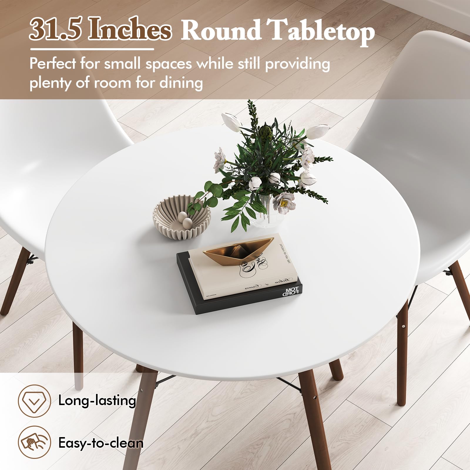 Round Dining Table Set for 4, Modern 31.5" D Dining Table & 4 Dining Chairs with Solid Wood Legs
