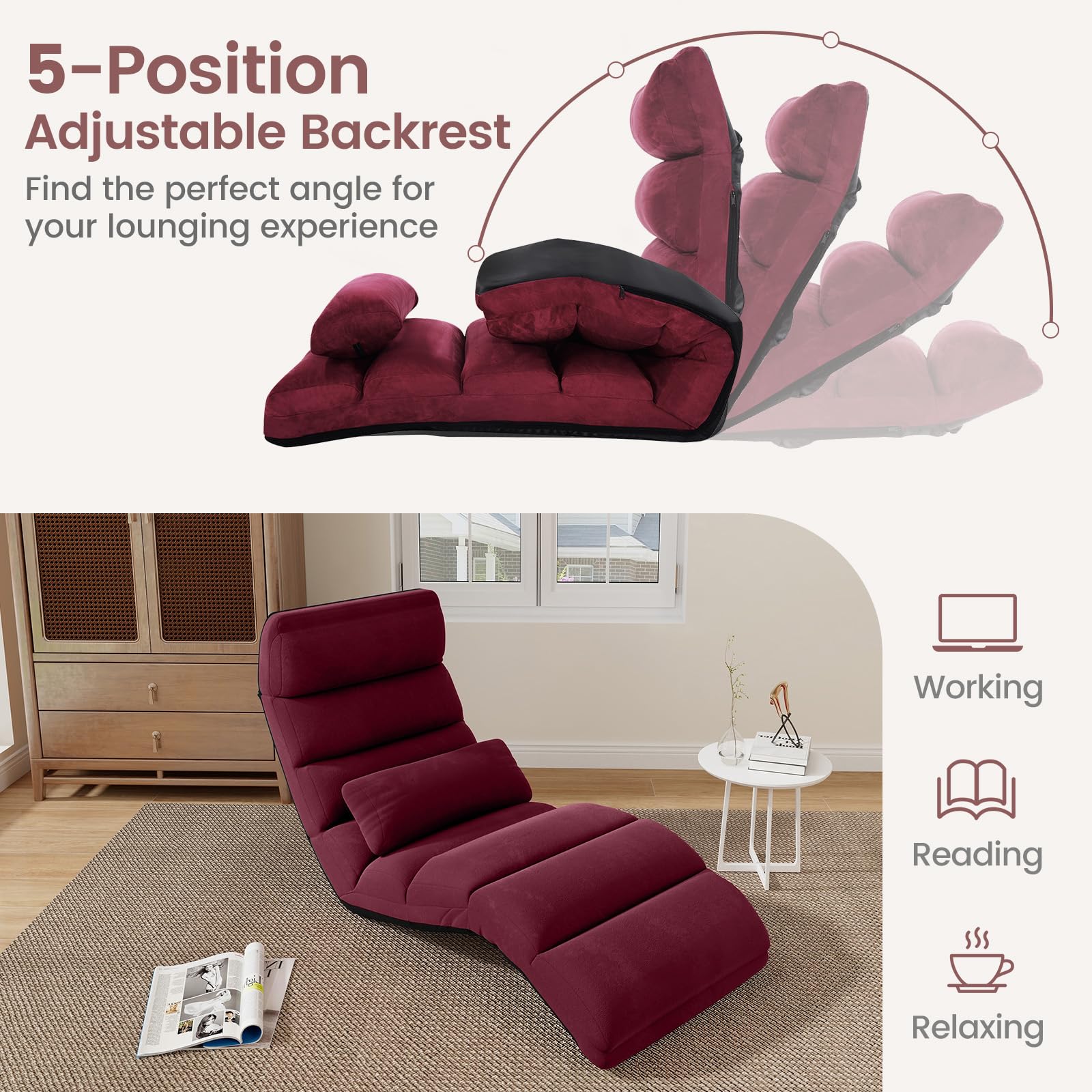 Floor Chairs for Adults, Adjustable 5-Position Floor Lounger with Thick Padded & Pillow