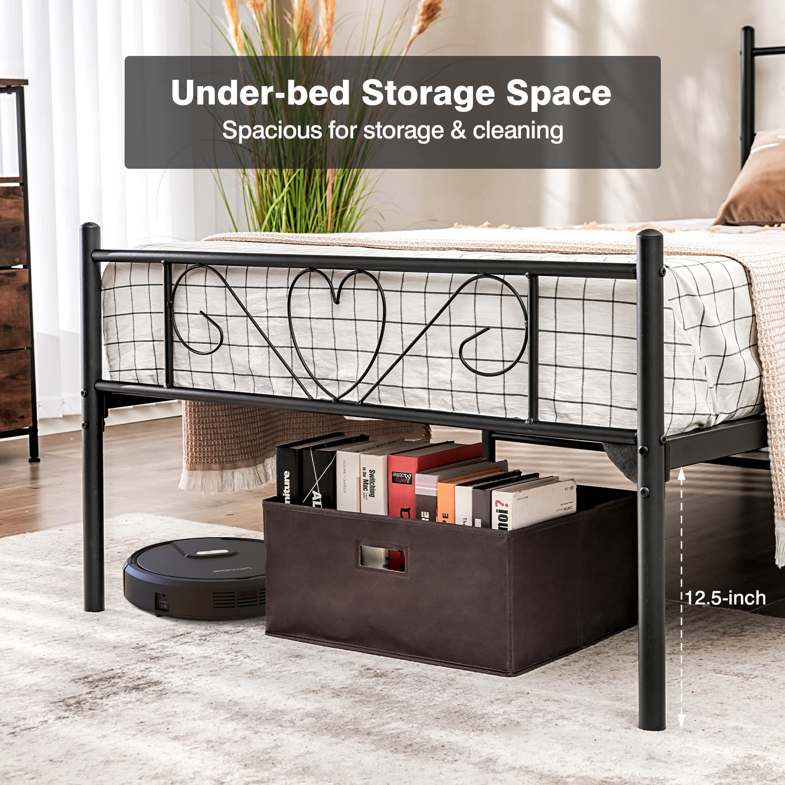 Twin XL Metal Bed Frame with Heart-Shaped Headboard & Footboard