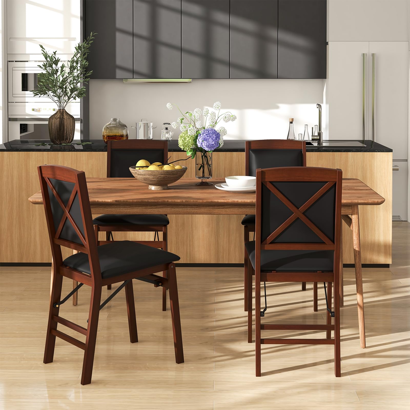Folding Dining Chairs Set of 2/4, Foldable Wood Chairs with PVC Padded Seat & High Backrest