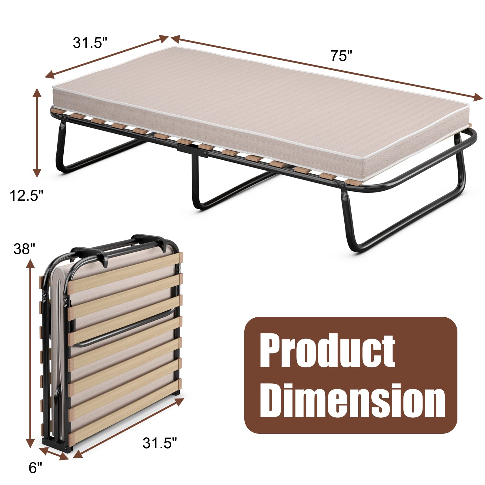 Twin Size Folding Rollaway Bed with Mattress for Adults
