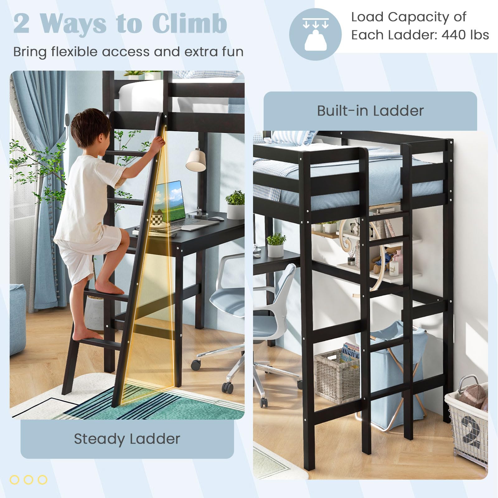 Twin Size Wood Loft Bed with Desk, 2 Ladders, Full Length Guardrail for Kids Teens Adults