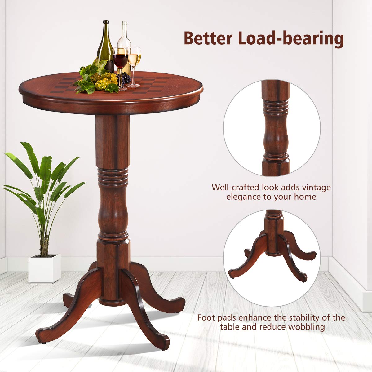 Round Dining Table, Wooden Pub Pedestal Side Table W/Chessboard, Adjustable Foot Pads