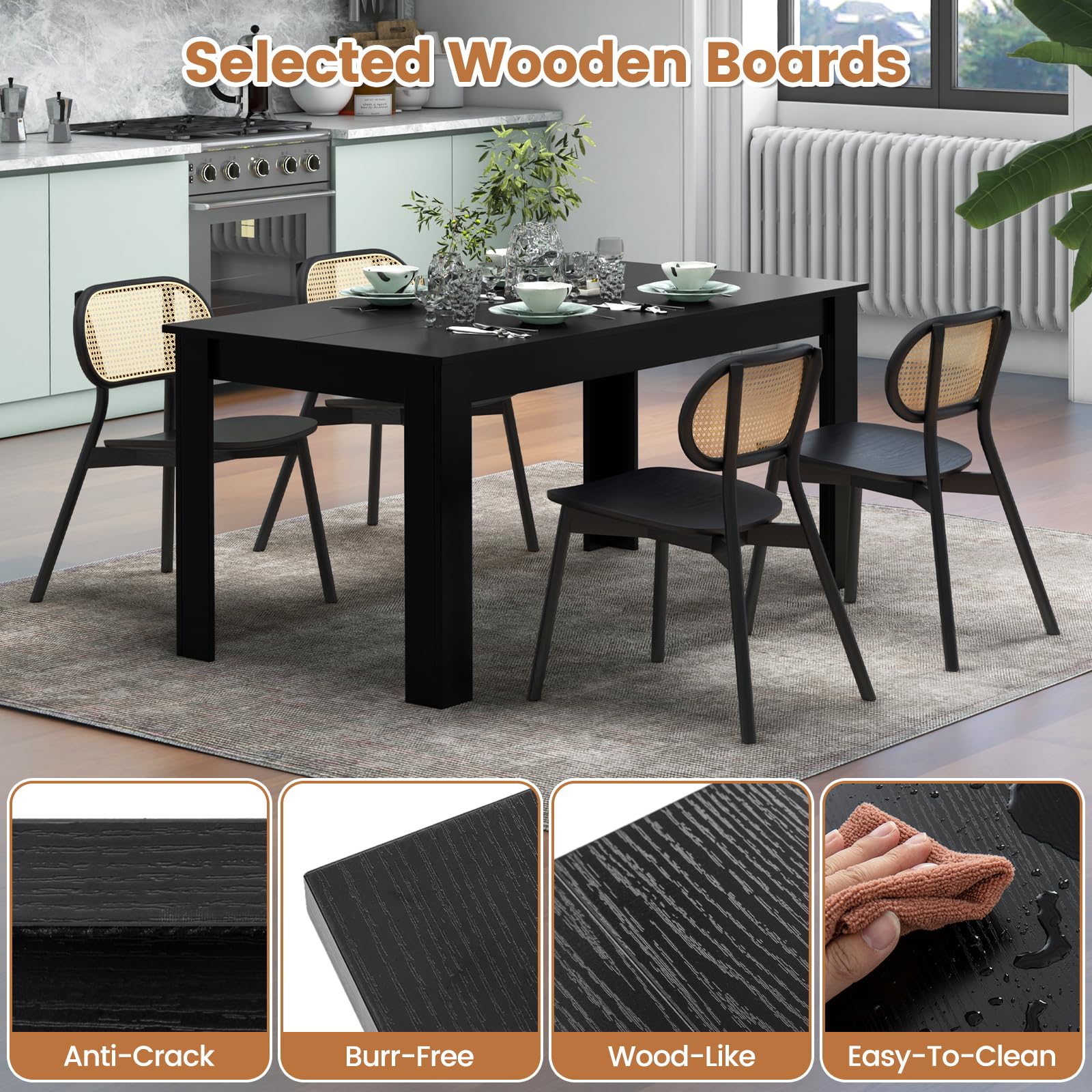 Black Dining Table for 6, Wood Rectangular Table, 63" L x 31.5" W x 30" H Large Farmhouse Center Table