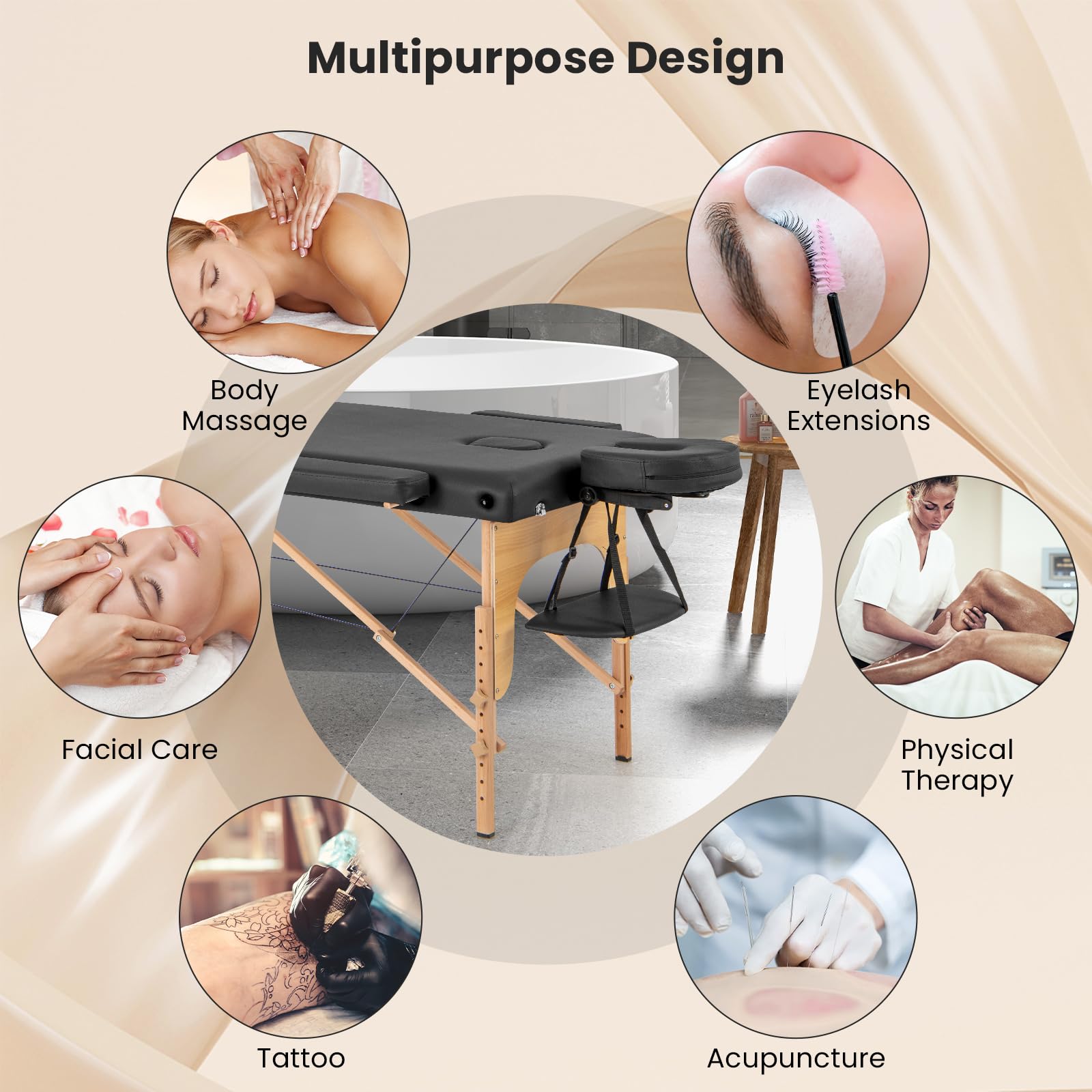 Portable Massage Bed w/Carrying Case, 2-Section Salon Spa Facial Care Tattoo Bed, Height Adjustable