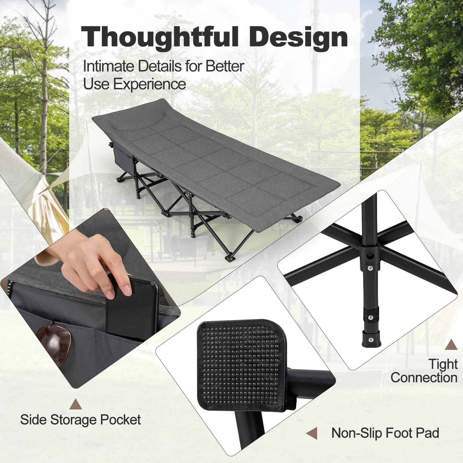 Camping Cot for Adults, Portable Folding Bed for Sleeping with Pad & Pillow Lightweight Tent Cot with Carry Bag
