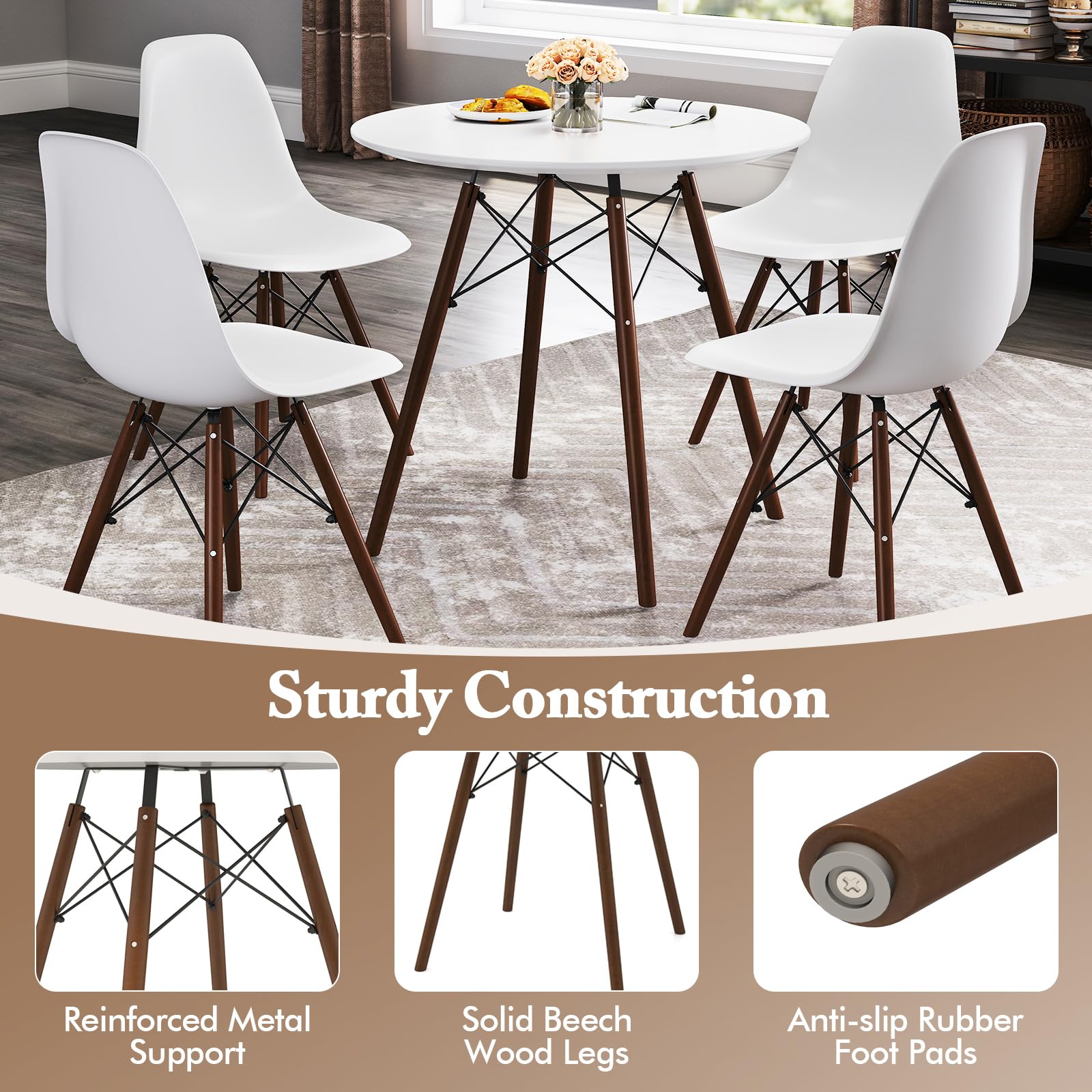 Round Dining Table Set for 4, Modern 31.5" D Dining Table & 4 Dining Chairs with Solid Wood Legs