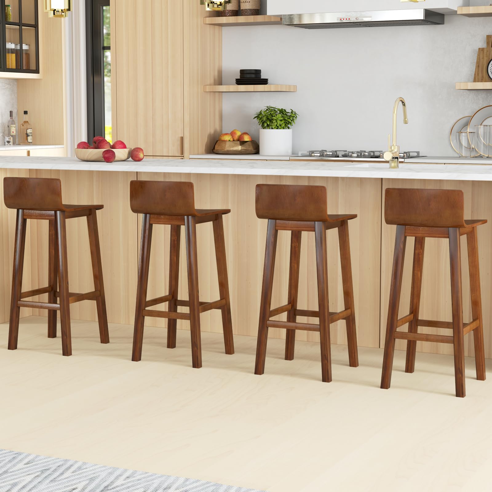 Solid Wood Bar Stools Set of 2/4, Counter Height Chairs with Low Back and Footrest