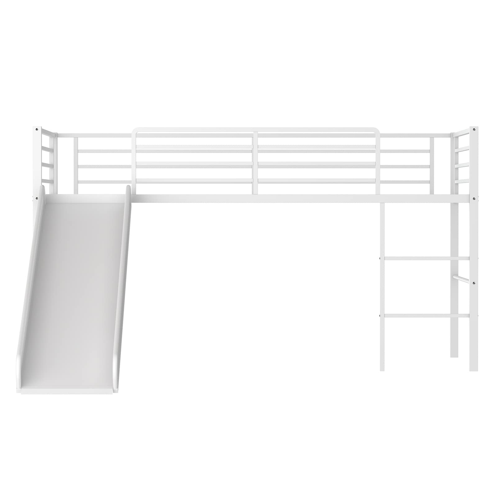 Twin Metal Low Loft Bed with Slide, Safety Guardrails & Built-in Ladder