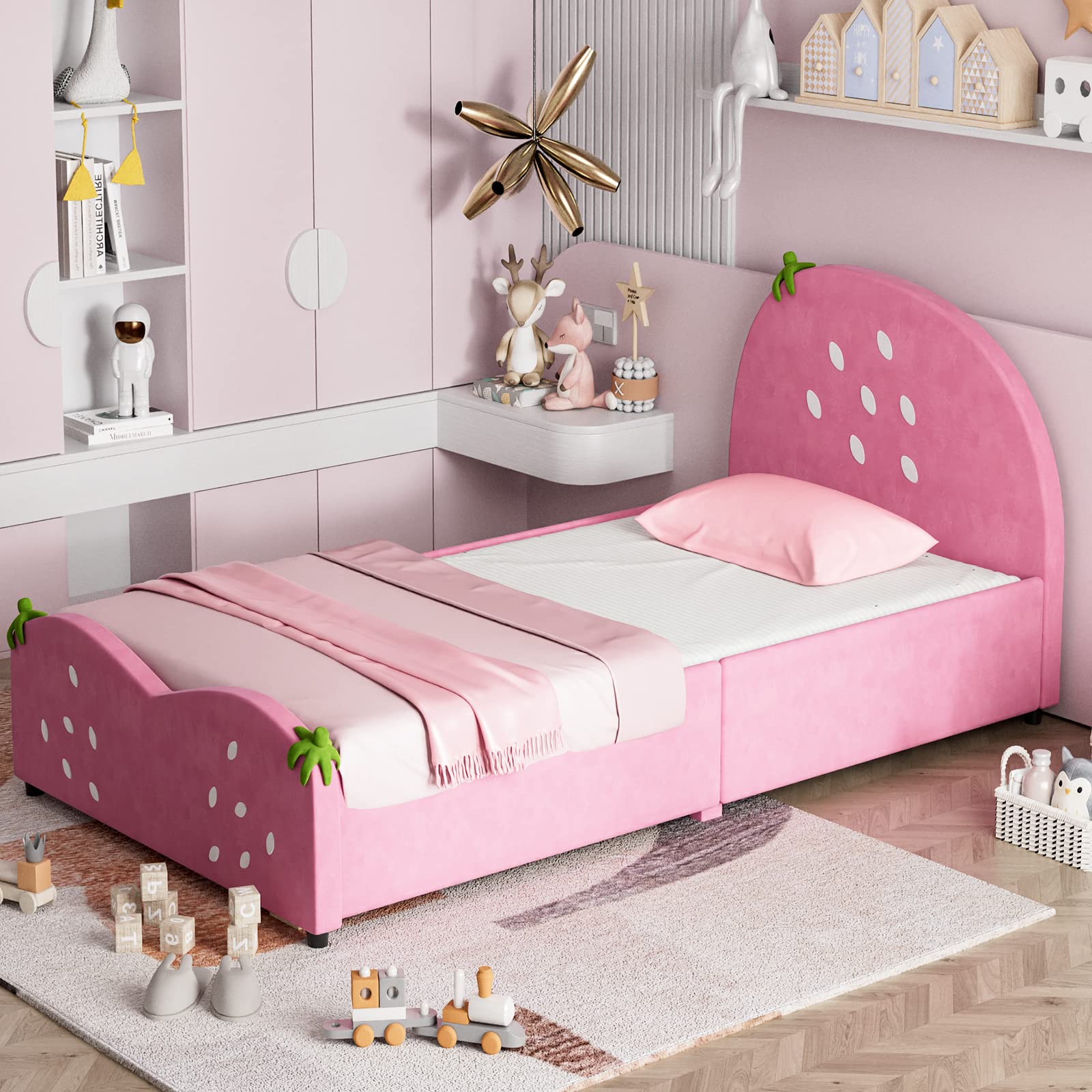 Kids Twin Bed Frame with Headboard, Toddler Upholstered Platform Bed with Slatted Bed Base
