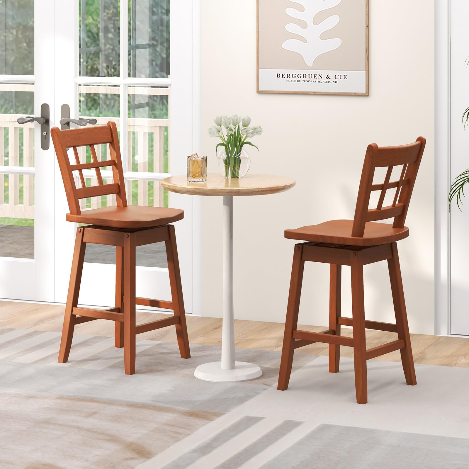 24.5" Bar Stools Set of 2/4, Farmhouse Swivel Barstools with 6-Grid Hollow Back & Ergonomic Contoured Seat, Footrest