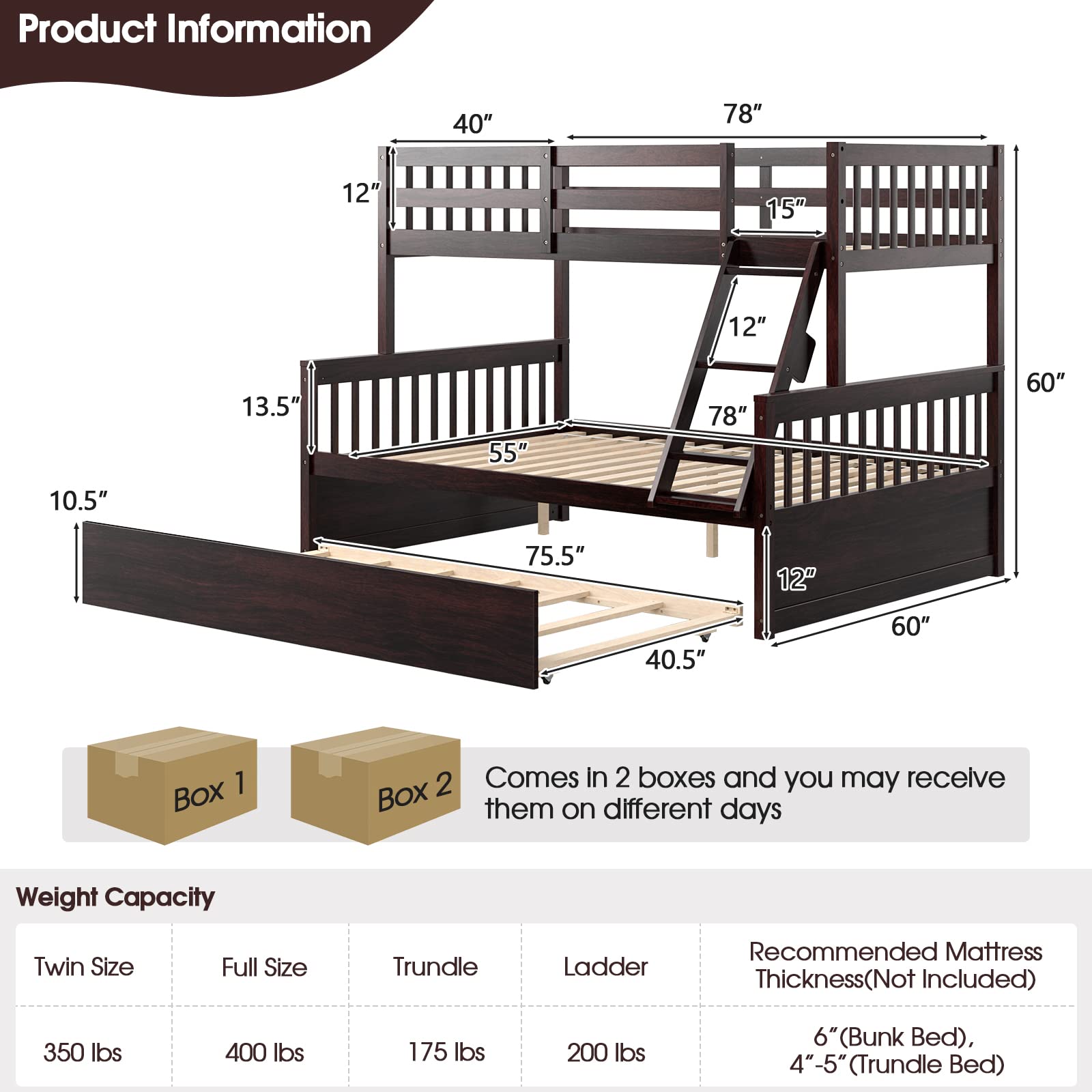 Wood Twin Over Full Bunk Bed with Solid Pine Wood Frame