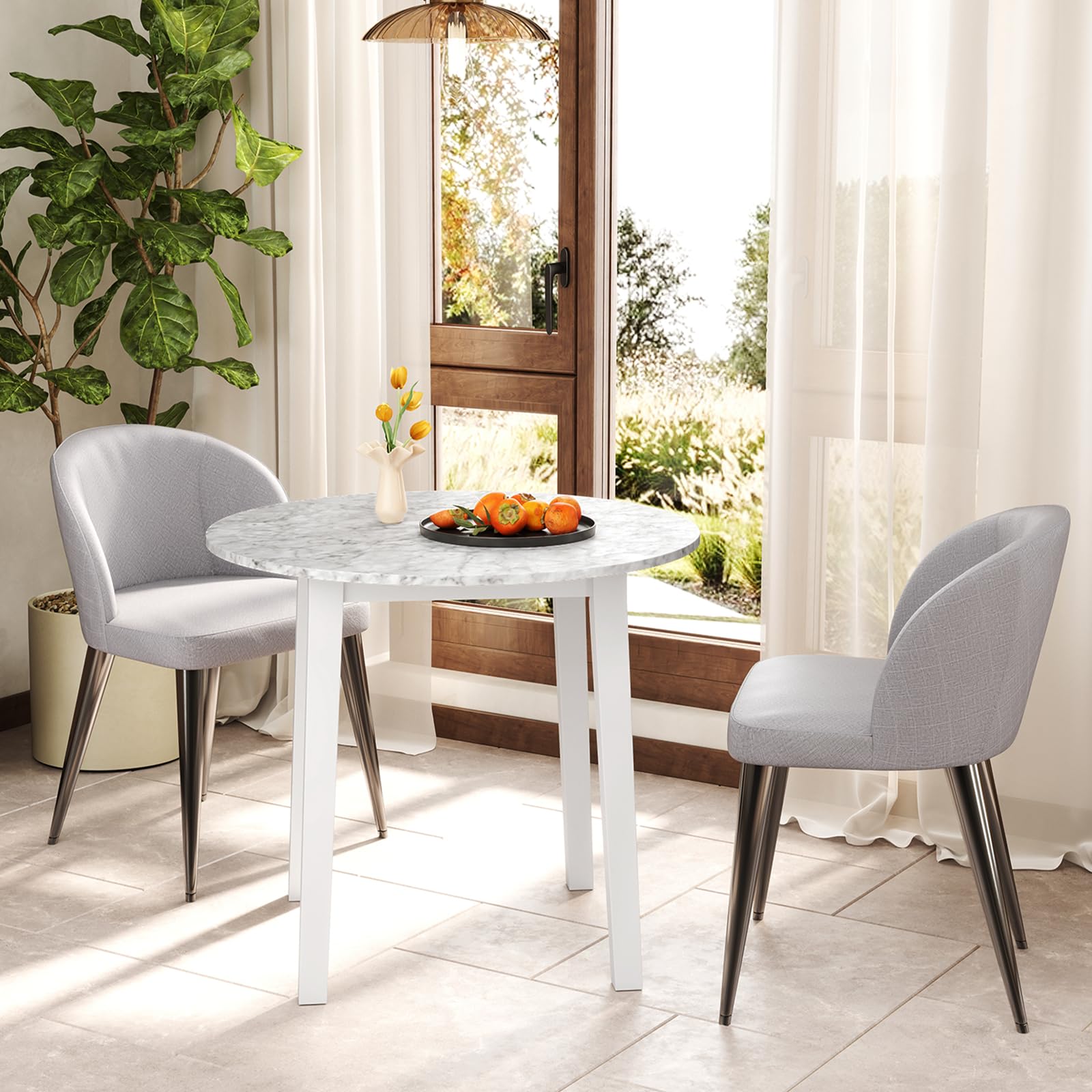 35&rdquo; Round Dining Table - Kitchen Table with Rubber Wood Legs, Marble-Textured Veneer Tabletop