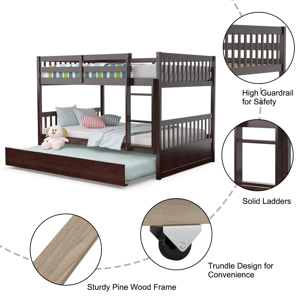 Full Over Full Wood Bunk Bed with Trundle, Ladder, Solid Wood Frame & Safety Guardrails