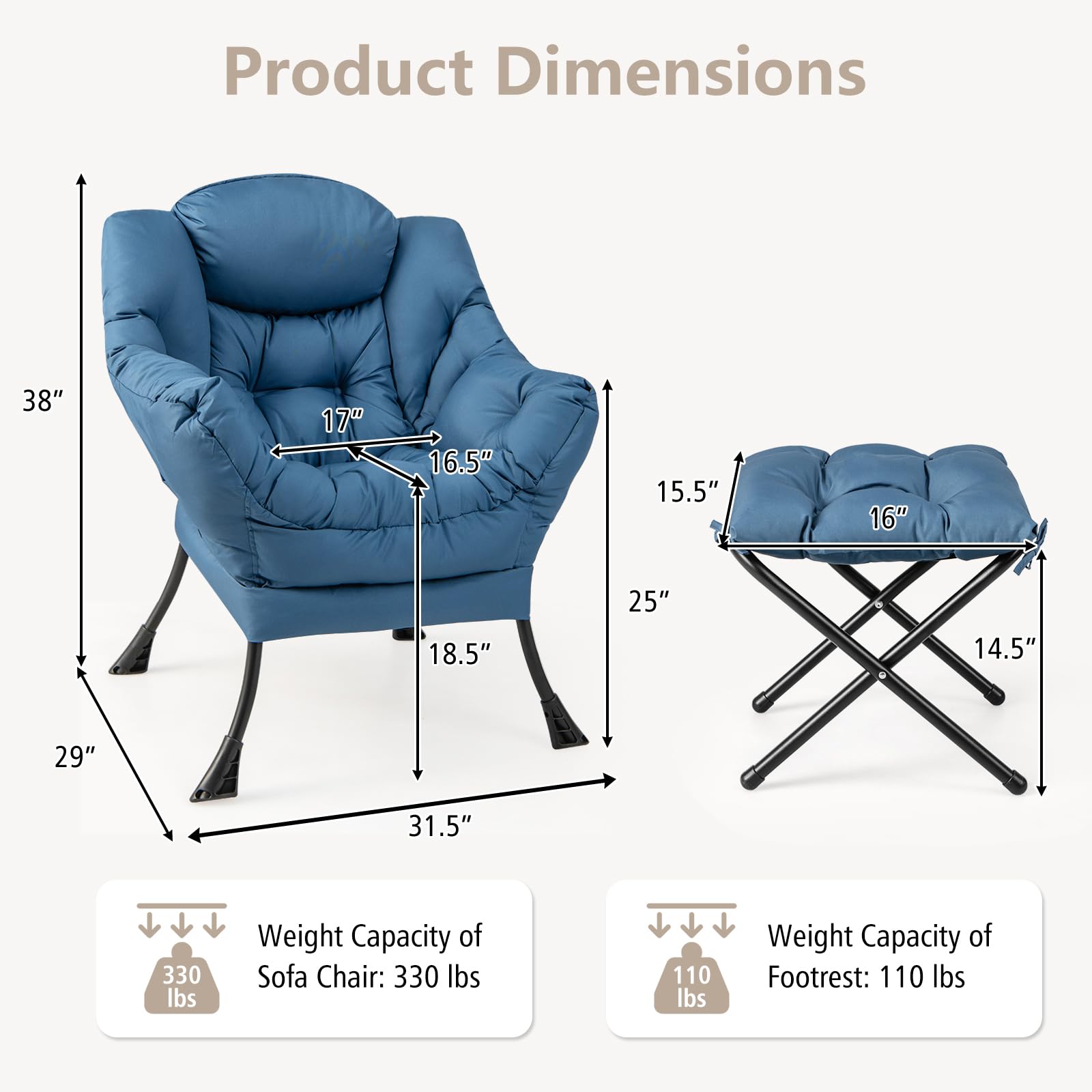 Lazy Sofa Chair with Ottoman, Upholstered Leisure Lounge Armchair with Folding Footrest, Side Storage Pocket