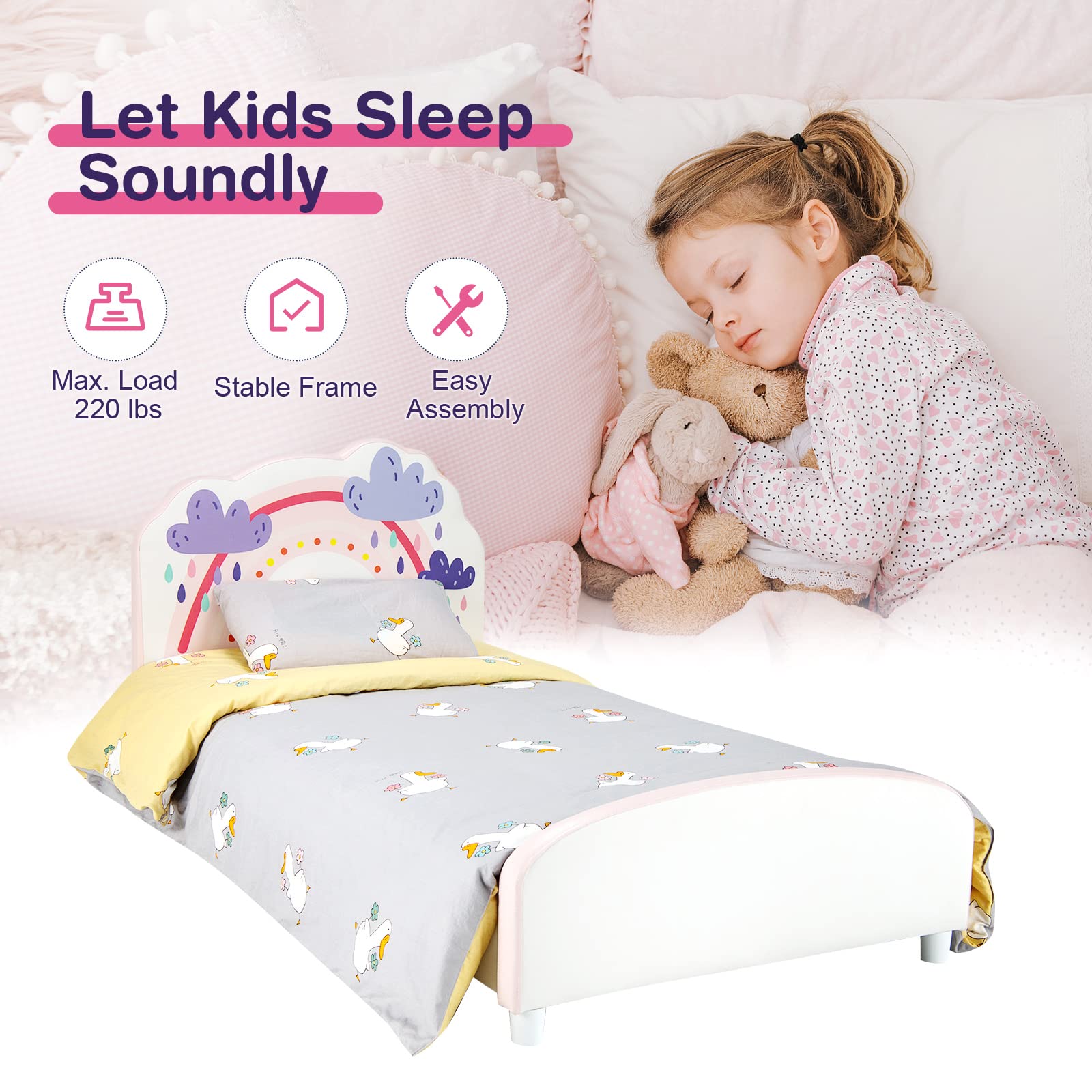 Kids Bed, Toddler Upholstered Platform Floor Bed w/Headboard & Wooden Slat Base