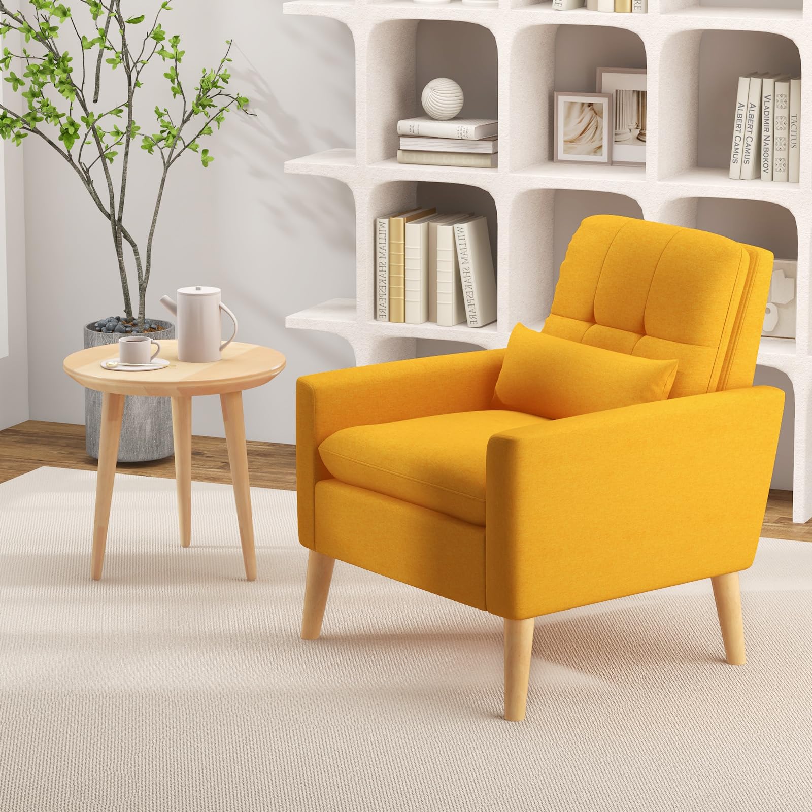 Modern Linen Accent Chair, Upholstered Tufted Armchair with Lumbar Pillow, Rubber Wood Legs, Padded Cushion