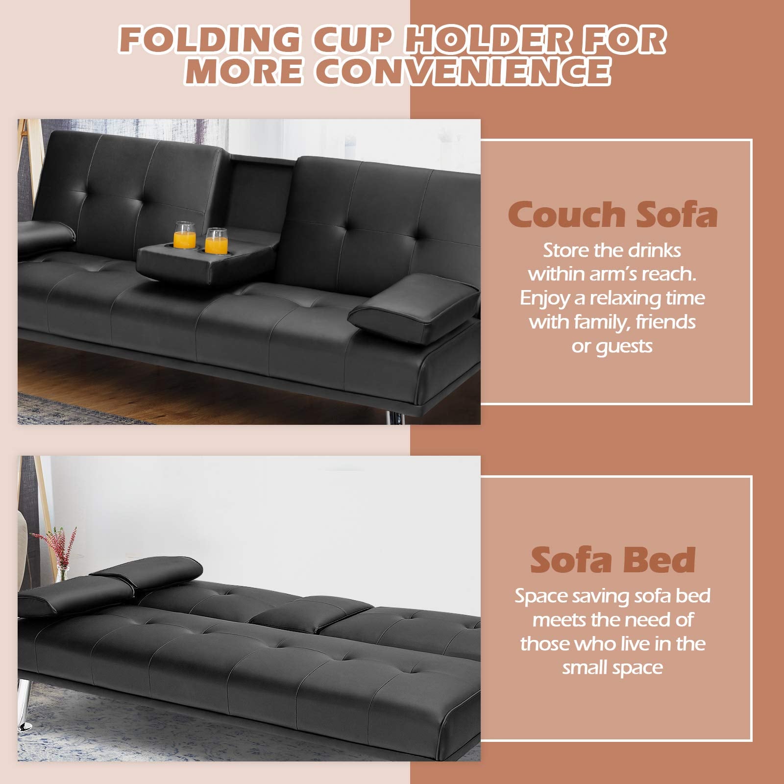 Leather Convertible Futon Sofa Bed with Removable Armrests and 2 Cup Holders