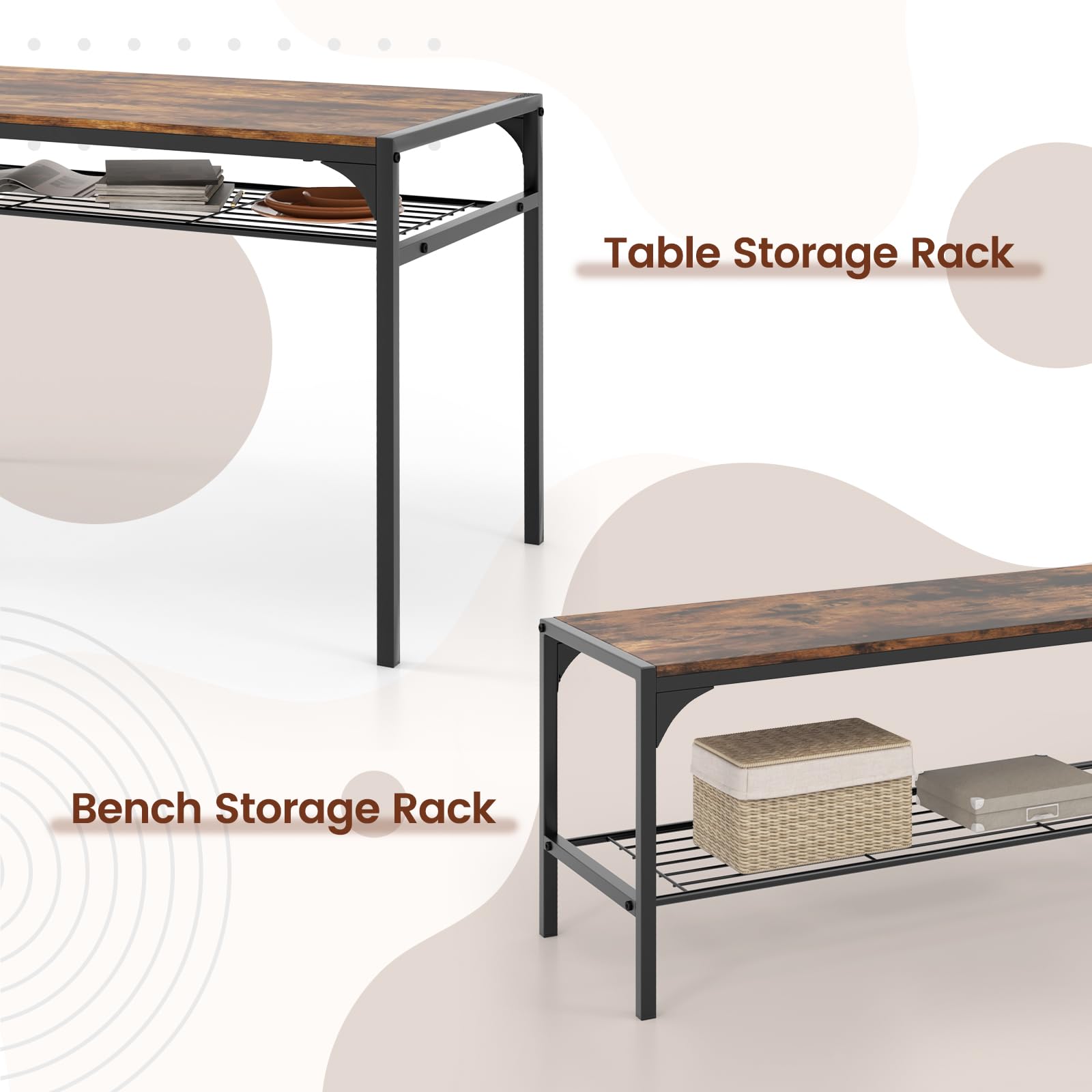 4 Pieces Dining Table Set, Kitchen Table and 2 Chairs for 4 with Bench, Storage Racks