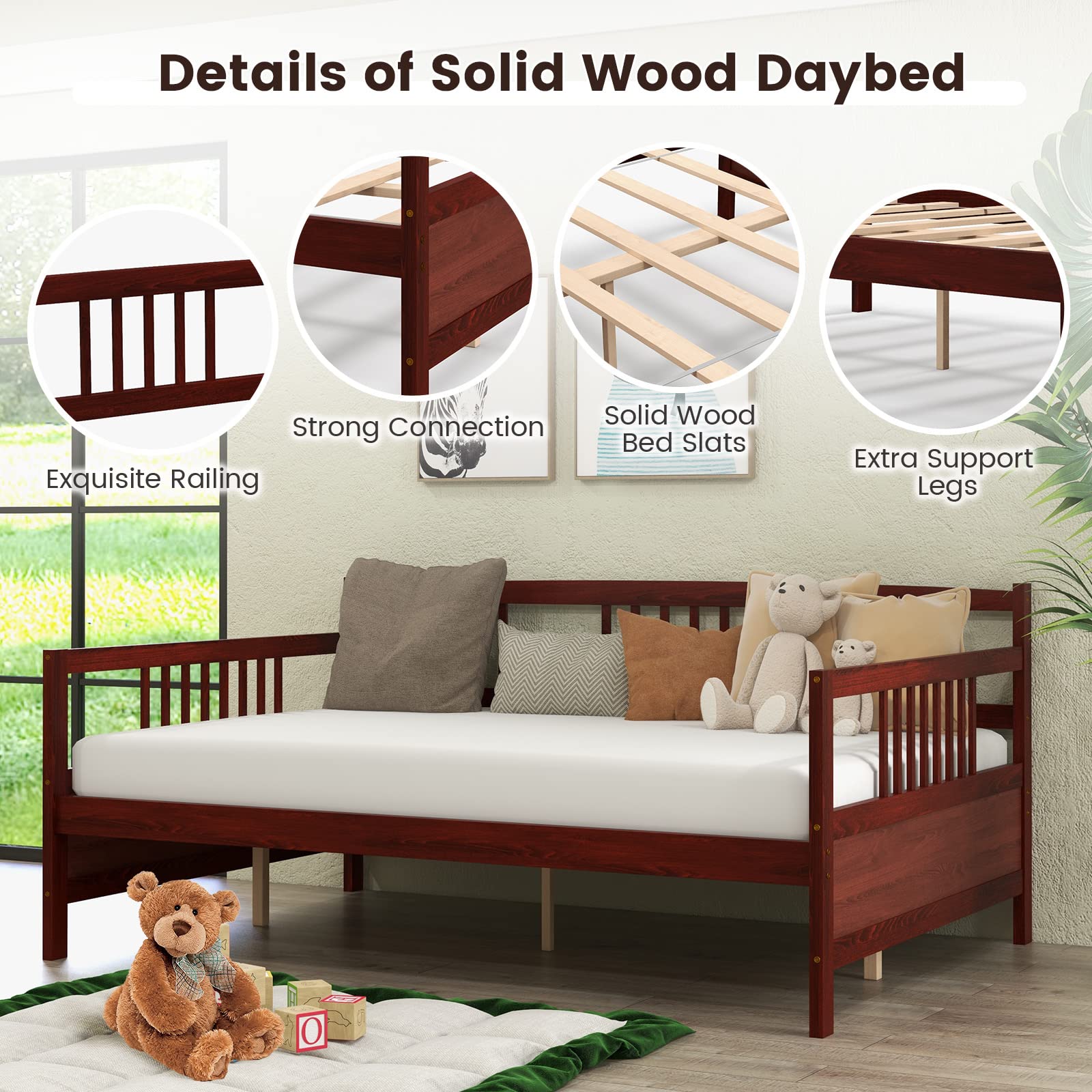 Full Size Wood Daybed with Wooden Slats Support