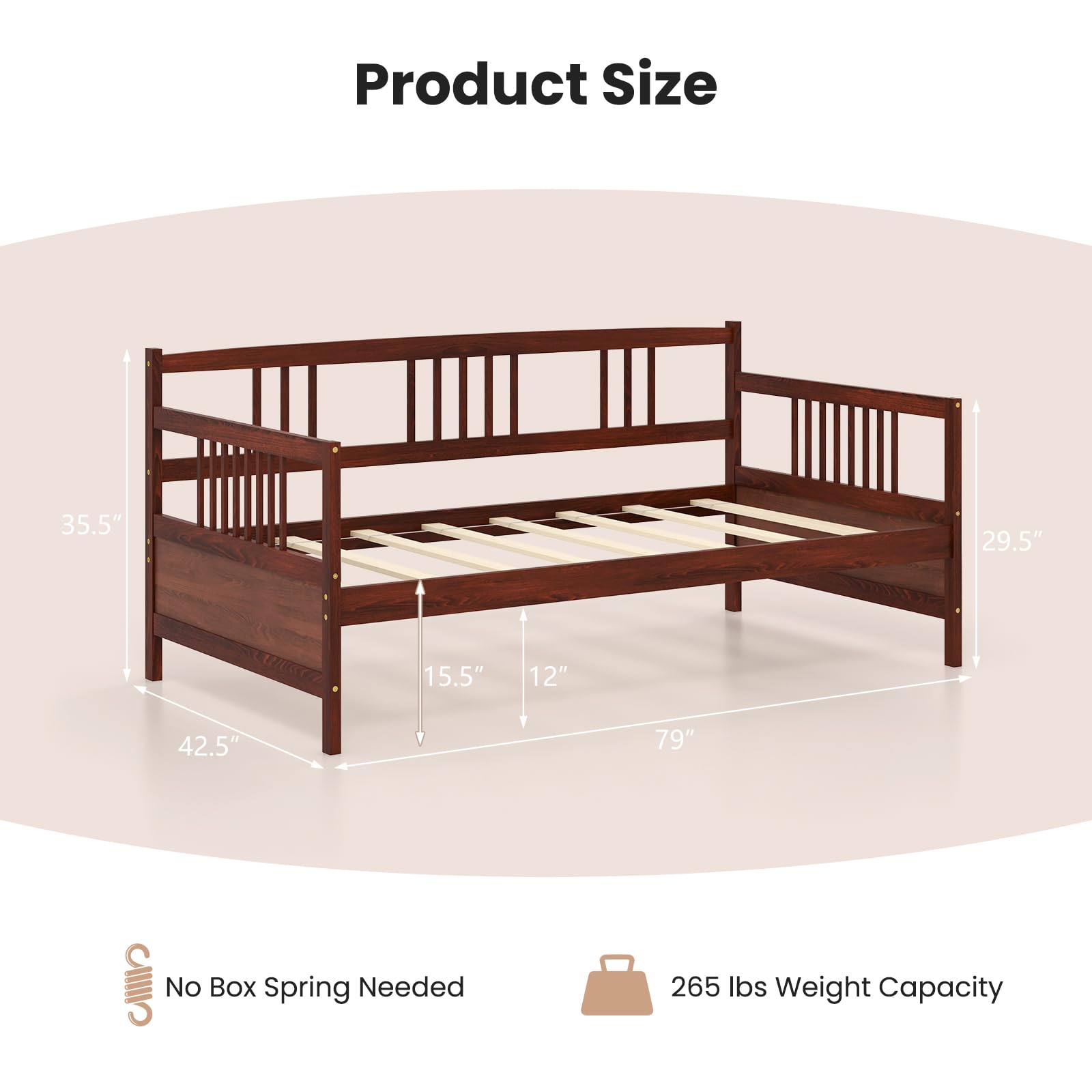 Twin Daybed Frame, Wooden Sofa Bed Guest Bed with Rails & Wood Slat Support