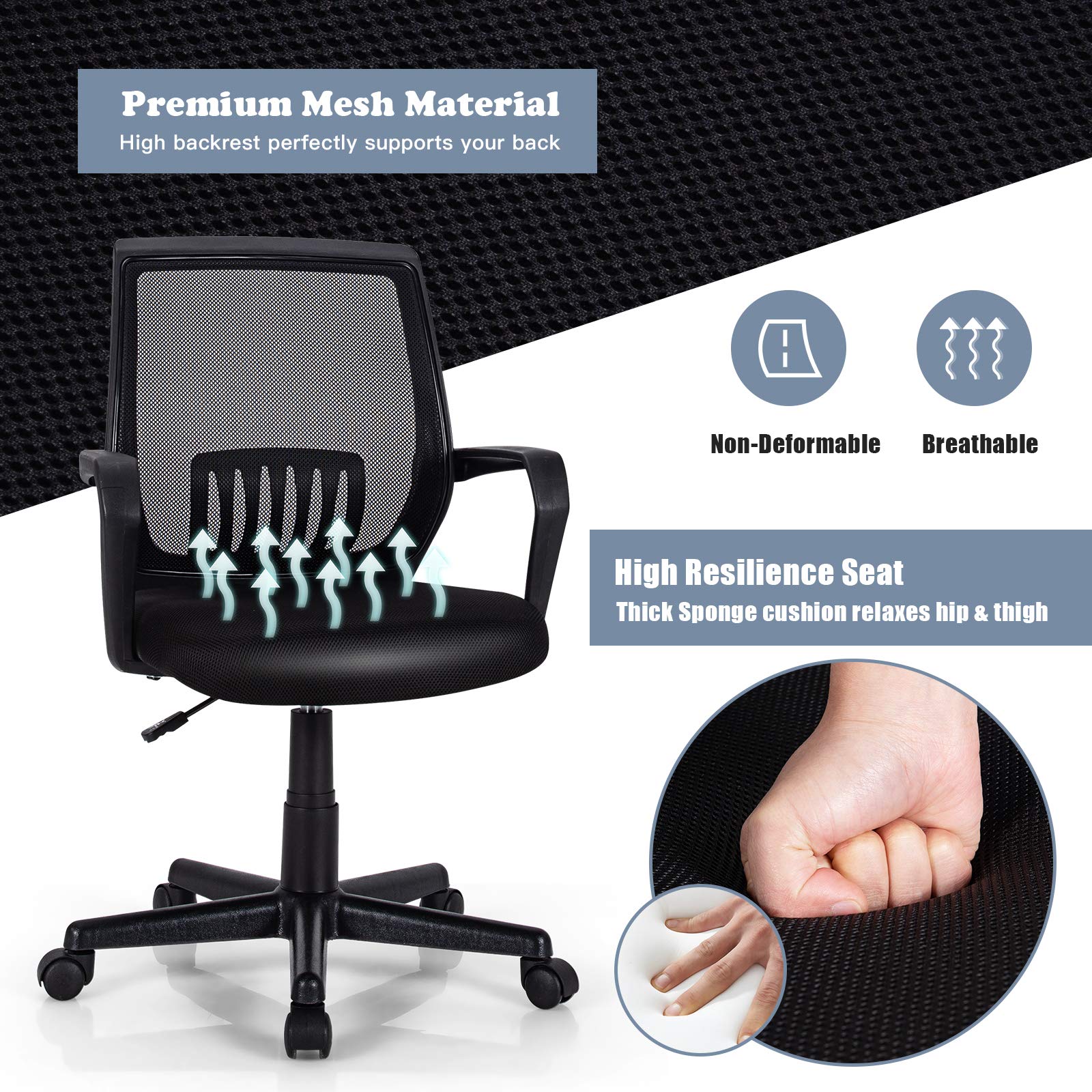 Office Chair, Mesh Desk Chairs with Wheels, Lumbar Support, Waterfall Seat