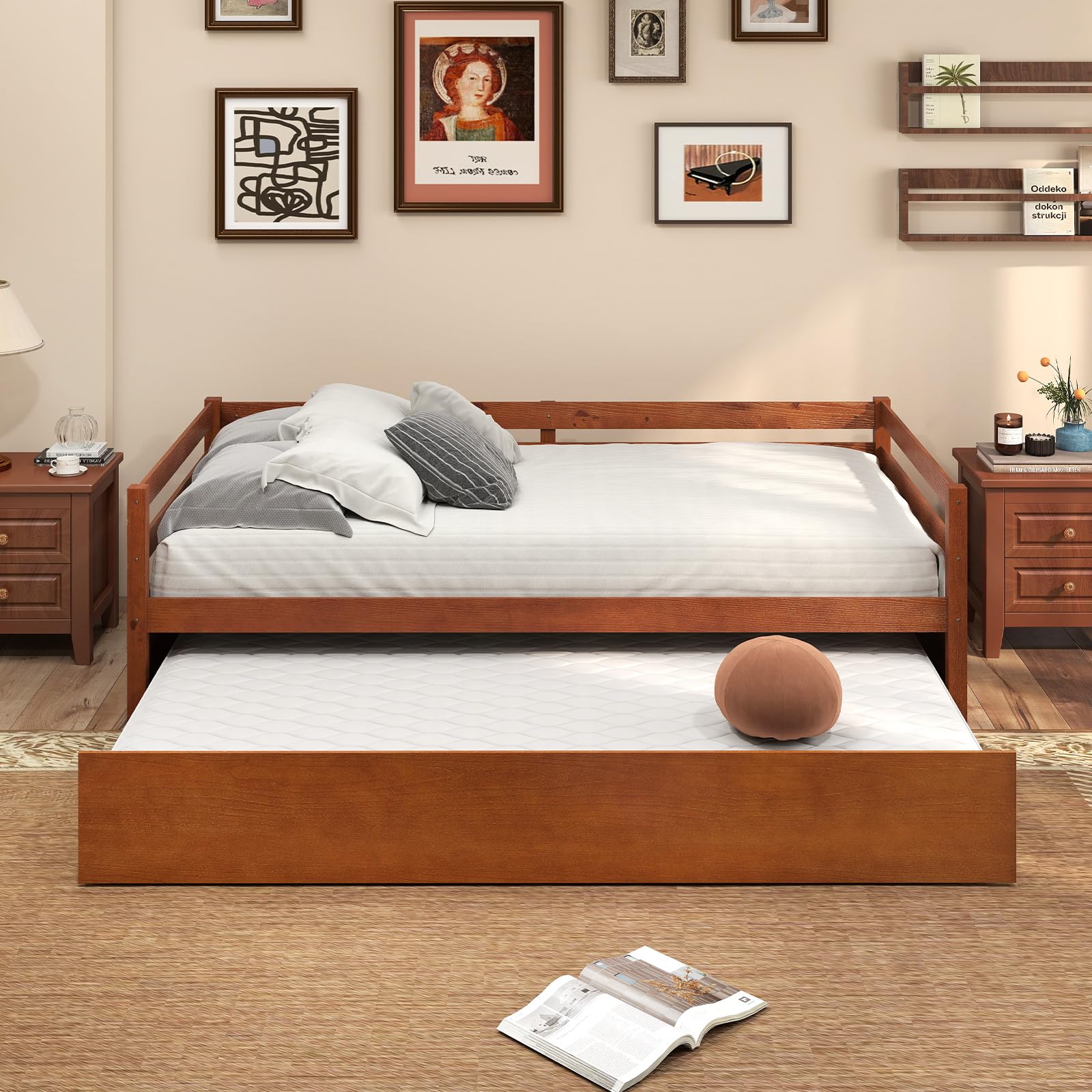 Twin Daybed with Trundle, Wood Trundle Bed with Wood Slat Support