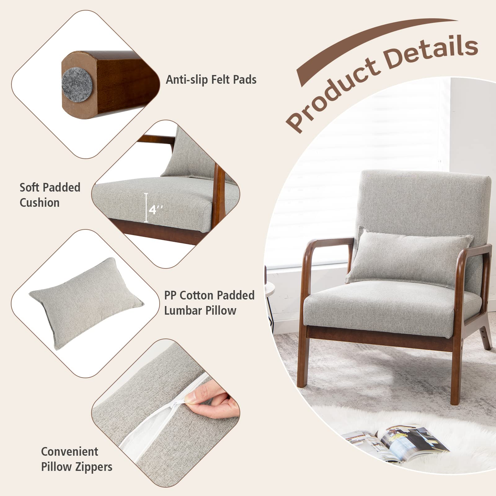 Mid Century Modern Chair, Indoor Living Room Leisure Accent Chair with Cushioned Seat & Back