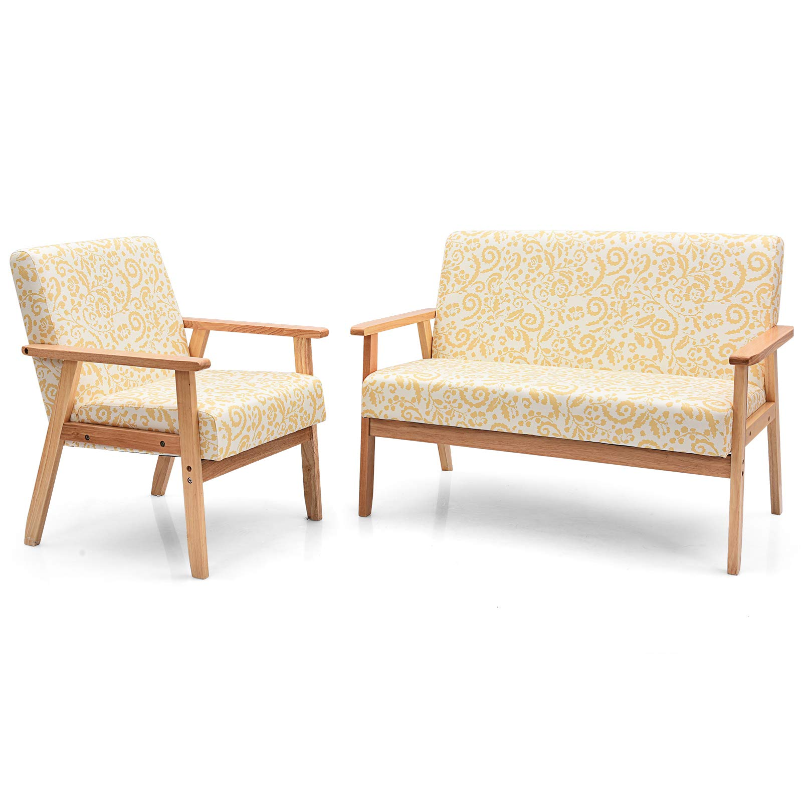 2-Seat Mid-Century Upholstered Wooden Loveseat w/Rubber Wood