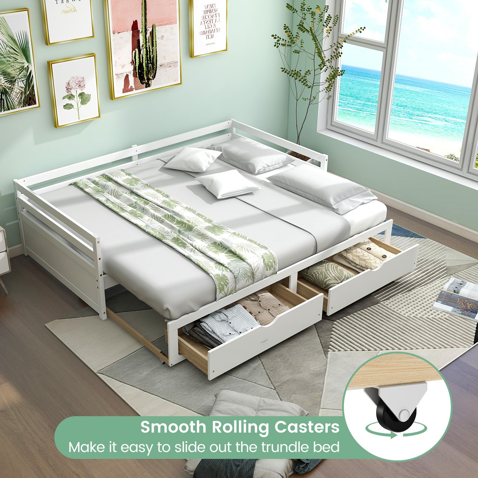 Wood Daybed with Trundle, Extendable Twin to King Daybed Frame with 2 Storage Drawers